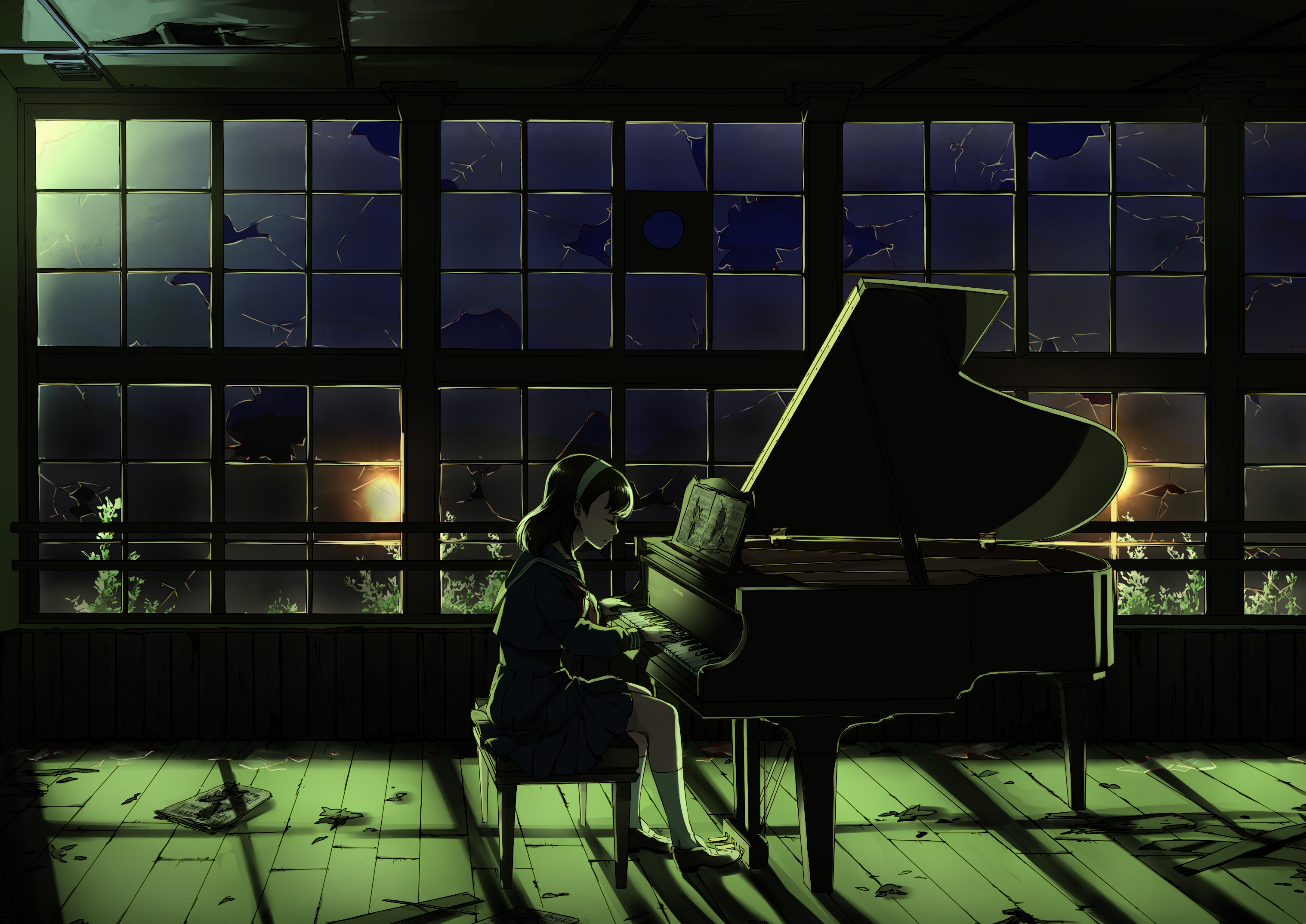 Mädchen am Flügel, Verlassenes Klassenzimmer, Nacht, Fenster, Dunkelgrün, 2K-Hintergrundbild für PC