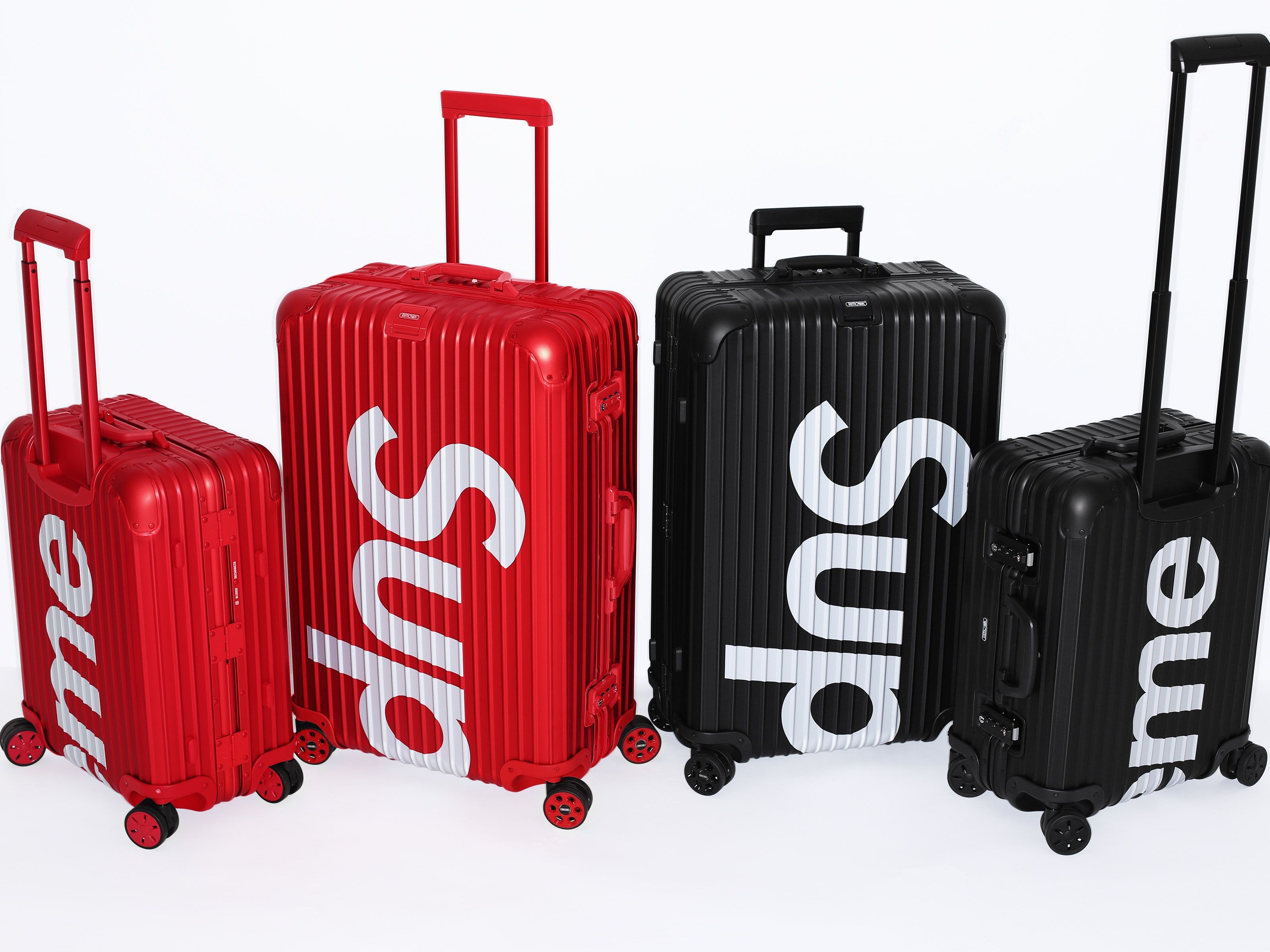 Supreme, Rimowa, Trolleys, Rot und Schwarz, Markenkoffer, Weißer Hintergrund, 2K Wallpaper