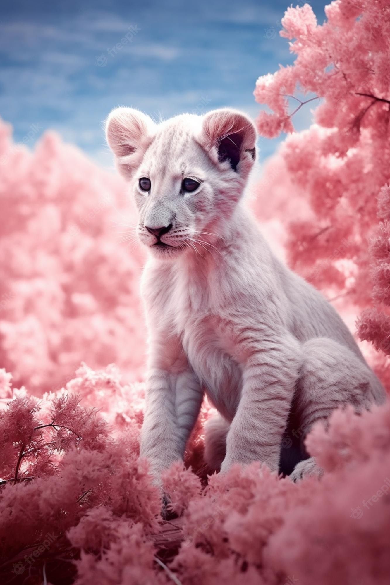 Weißer Löwe, Löwenjunges, Rosa Blüten, Fantasy, Full HD, Handy-Hintergrund im Hochformat
