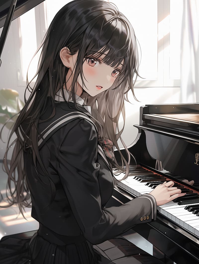Mädchen am Klavier, Schuluniform, Lange dunkle Haare, Sonnenlicht, Klavierspielen, HD-Tablet-Hintergrundbild