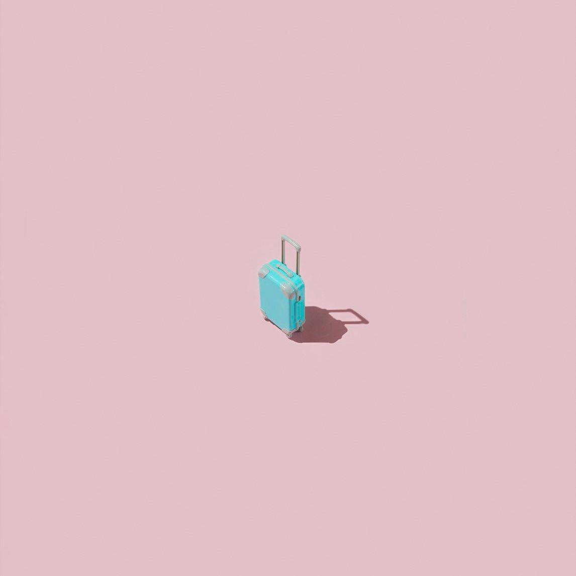 Koffer, Türkis, Rosa Hintergrund, Minimalismus, Miniatur, Wallpaper
