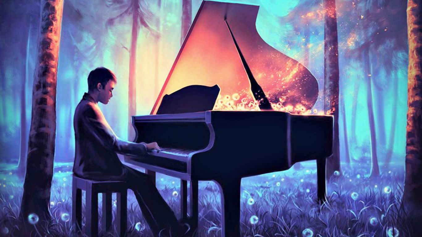 Pianist, Flügel, Zauberwald, Leuchtend, Fantasie, HD, Hintergrund für den Desktop