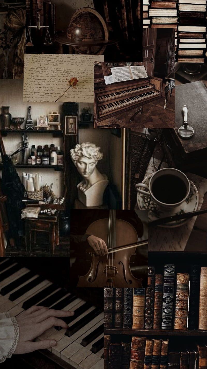 Collage, Dark Academia, Klavier, Bücher, Vintage, HD, Hintergrundbild fürs Handy