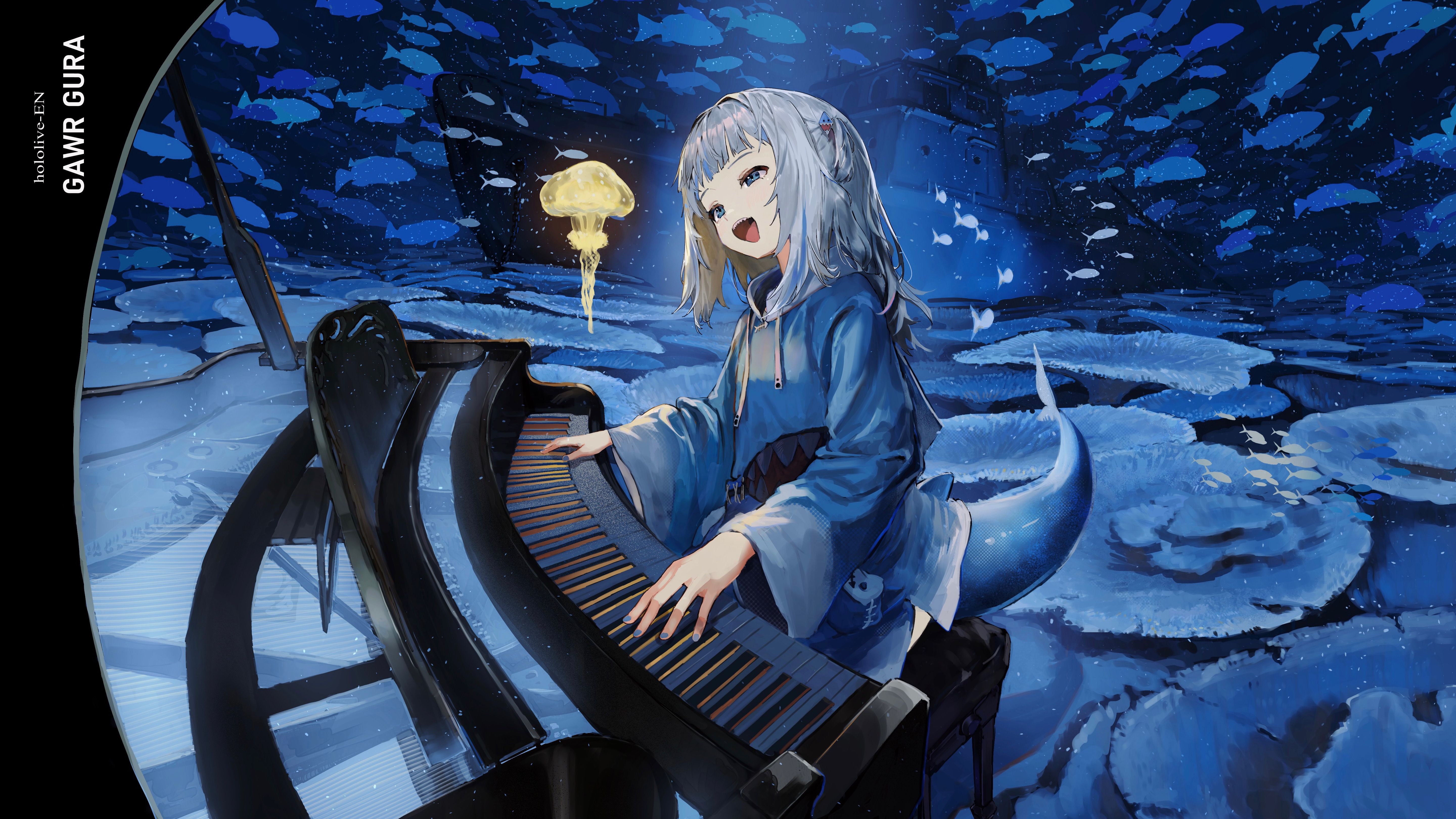 Gawr Gura, Hololive, VTuber, Klavier, Unterwasser, 5K, Desktop-Hintergrund für Windows