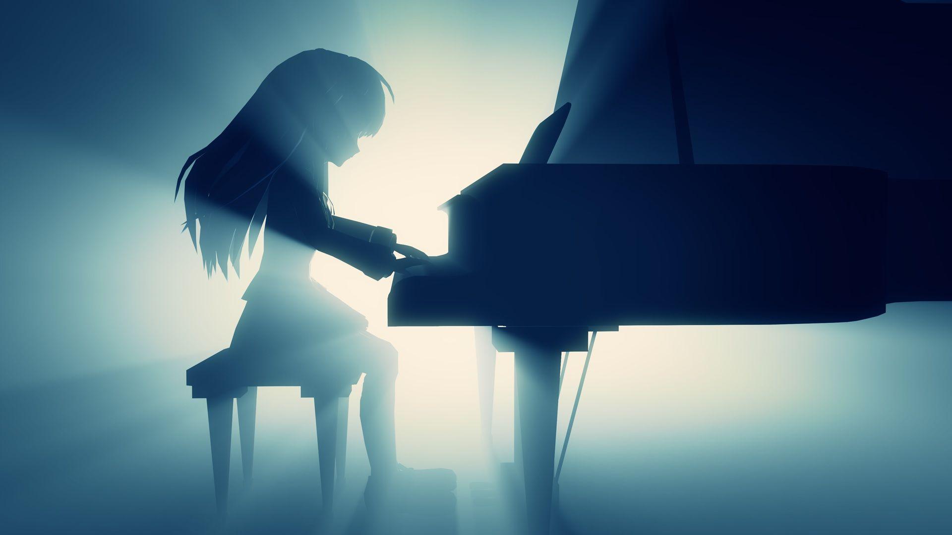 Mädchen am Flügel, Silhouette, Gegenlicht, Blau, Melancholie, Full HD, PC-Hintergrundbild