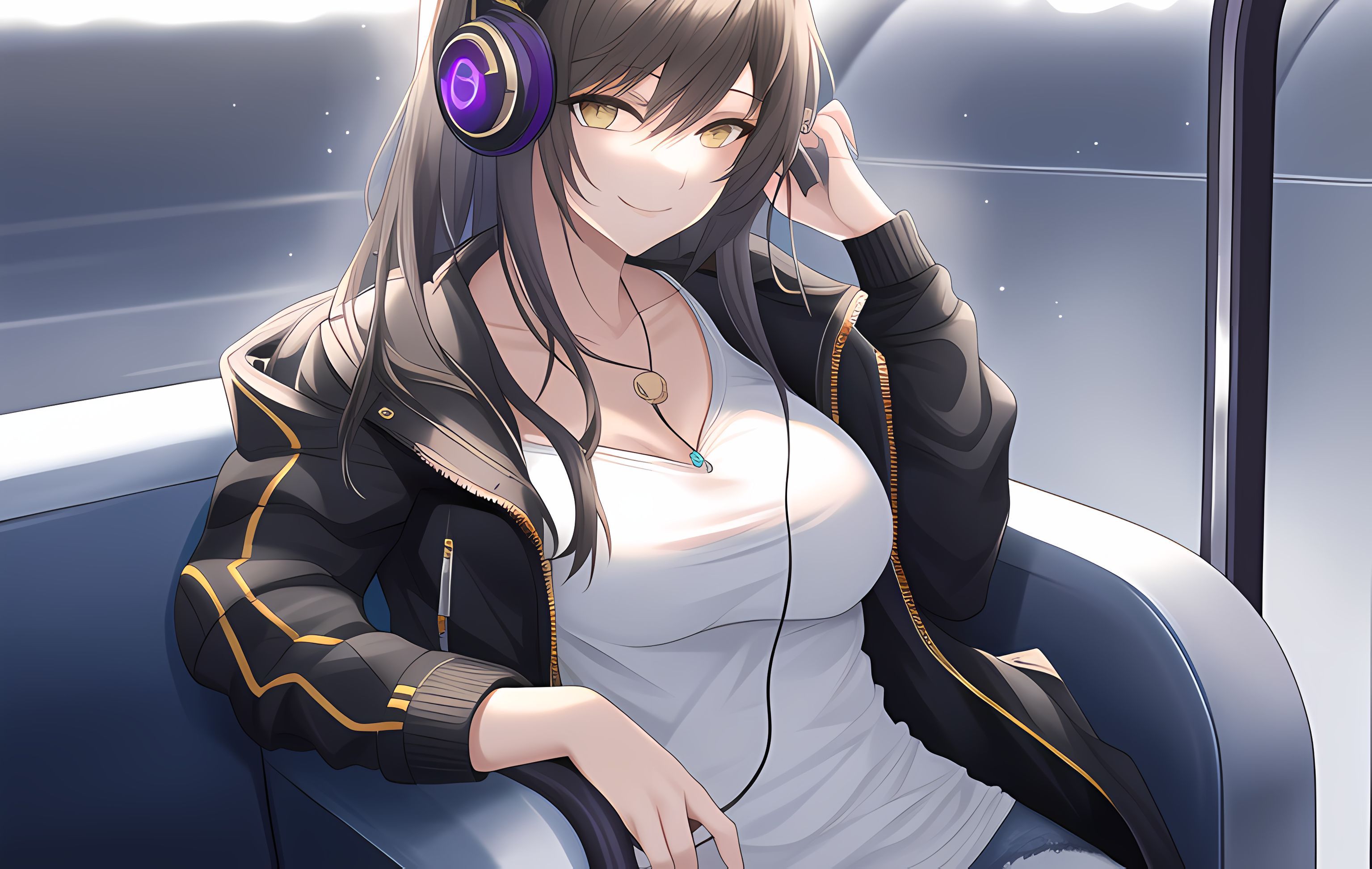 Mädchen mit Kopfhörern, Lila Kopfhörer, Sessel, Musik hören, Lederjacke, 2K, Laptop-Hintergrundbild