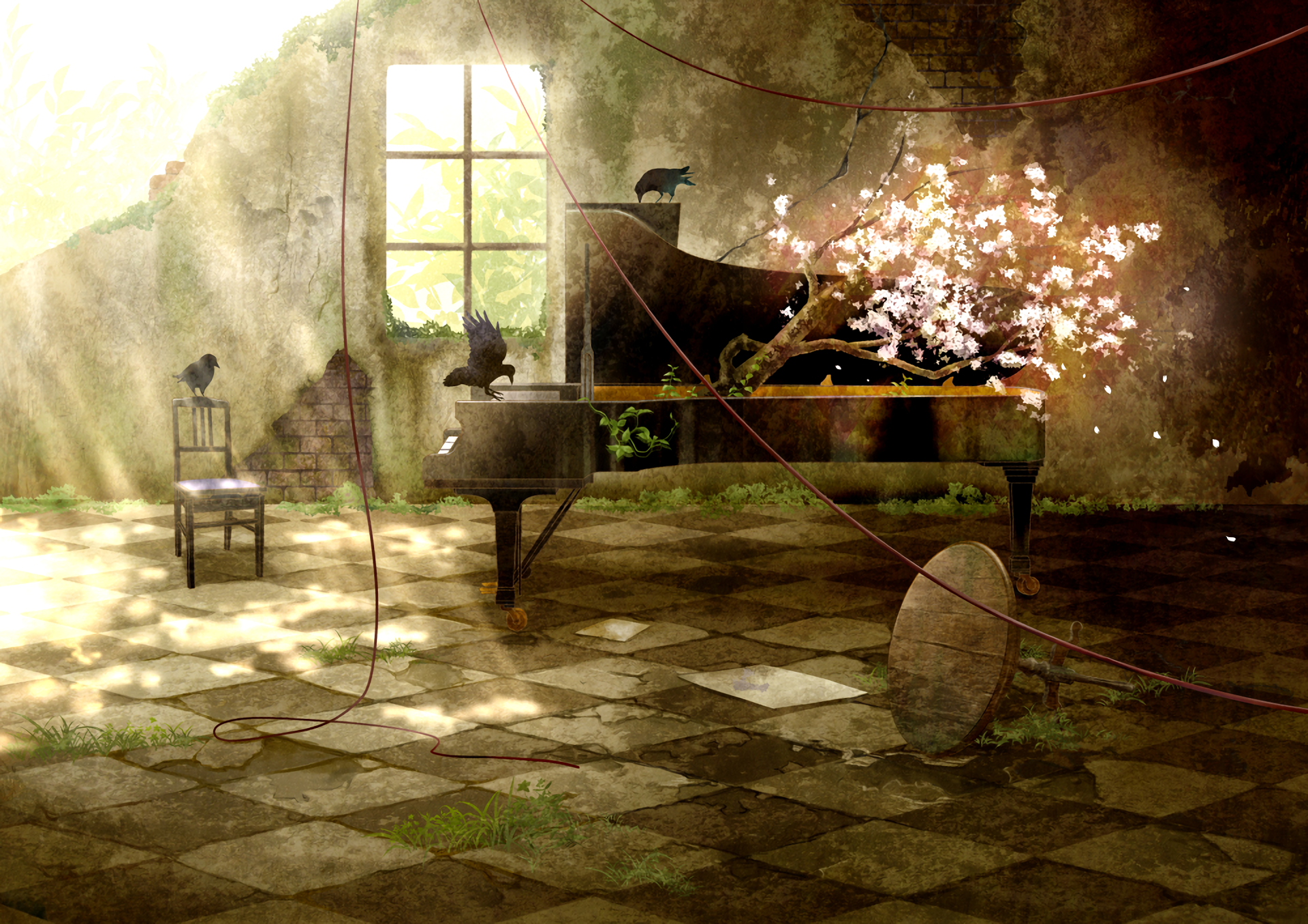 Verlassenes Haus, Flügel, Kirschblüten, Sonnenlicht, Lost Place, Full HD, Laptop-Hintergrundbild