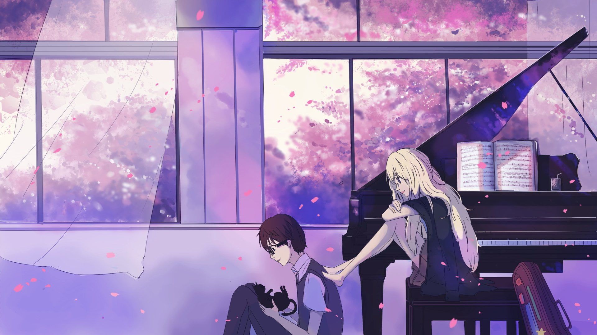 Your Lie in April, Kaori Miyazono, Kosei Arima, Flügel, Kirschblüten, Full-HD-Hintergrundbild für PC