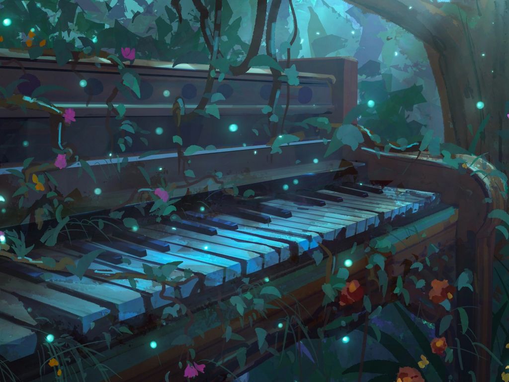 Überwuchertes Klavier, Ranken, Rosen, Glühwürmchen, Fantasie, Hintergrundbild fürs iPad