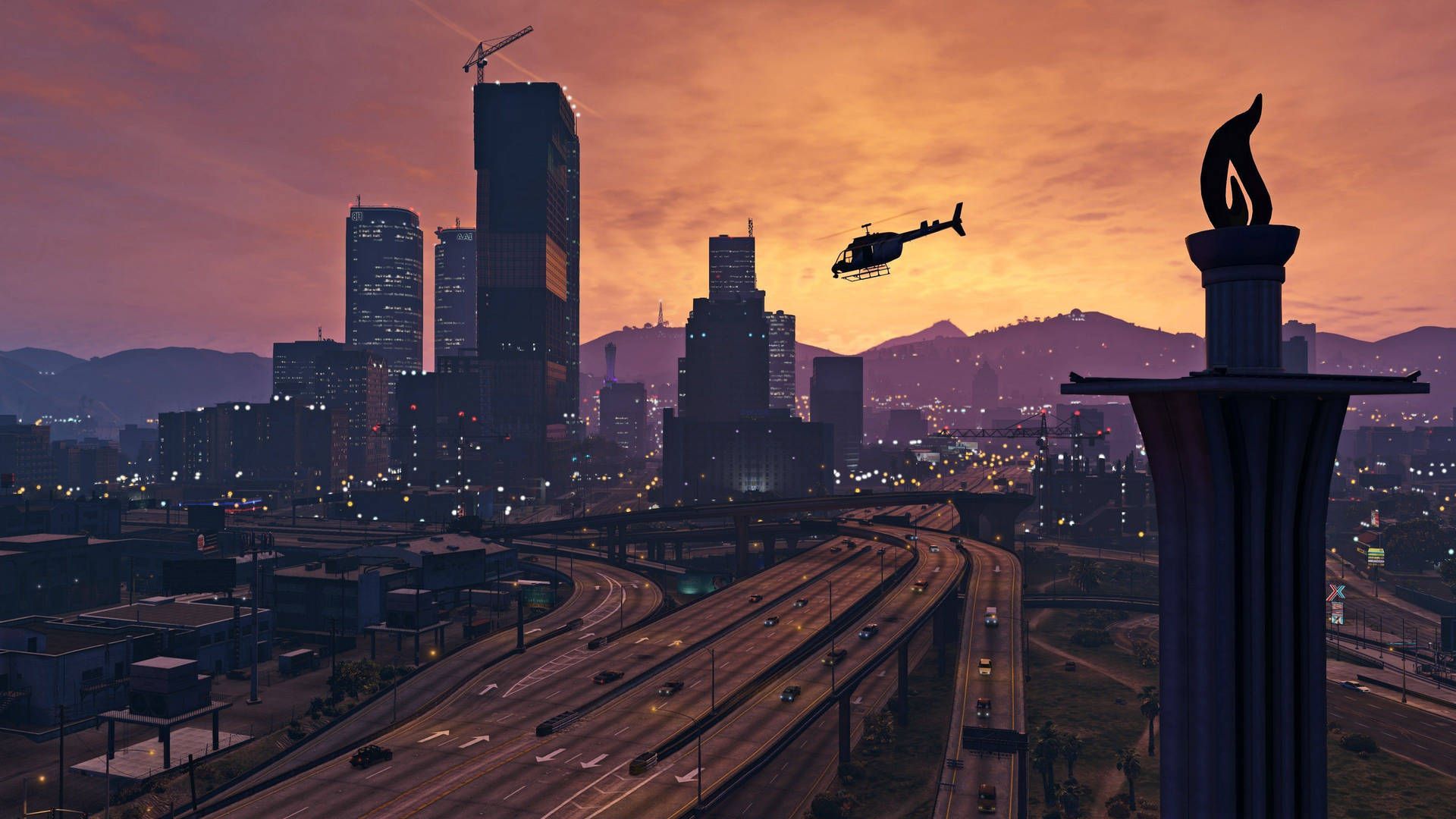 Grand Theft Auto V, Los Santos, Hubschrauber, Skyline, Sonnenuntergang, 1920x1080, Desktop-Hintergrund