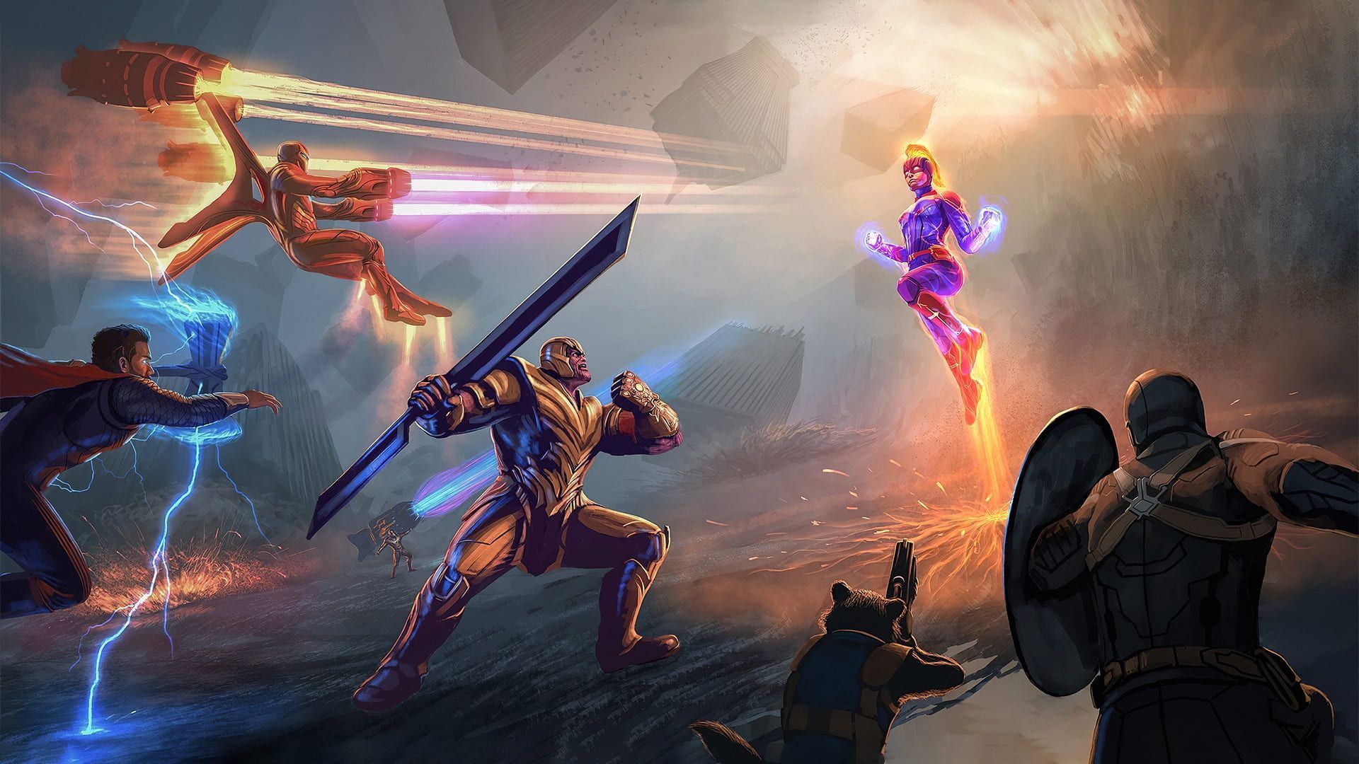 Avengers: Endgame, Thanos, Captain Marvel, Thor, Kampfszene, Marvel, Full HD, Laptop-Hintergrundbild