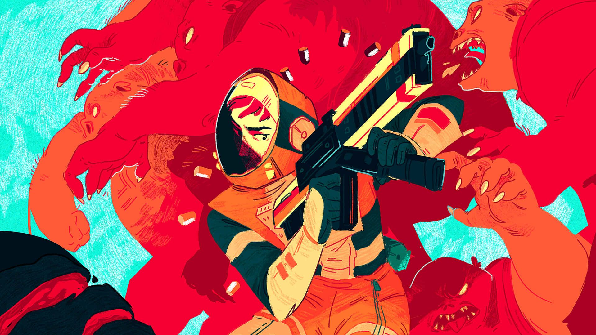 Kriegerin, Waffe, Rot, Türkis, Illustration, Full HD 1080p, Desktop-Hintergrundbild