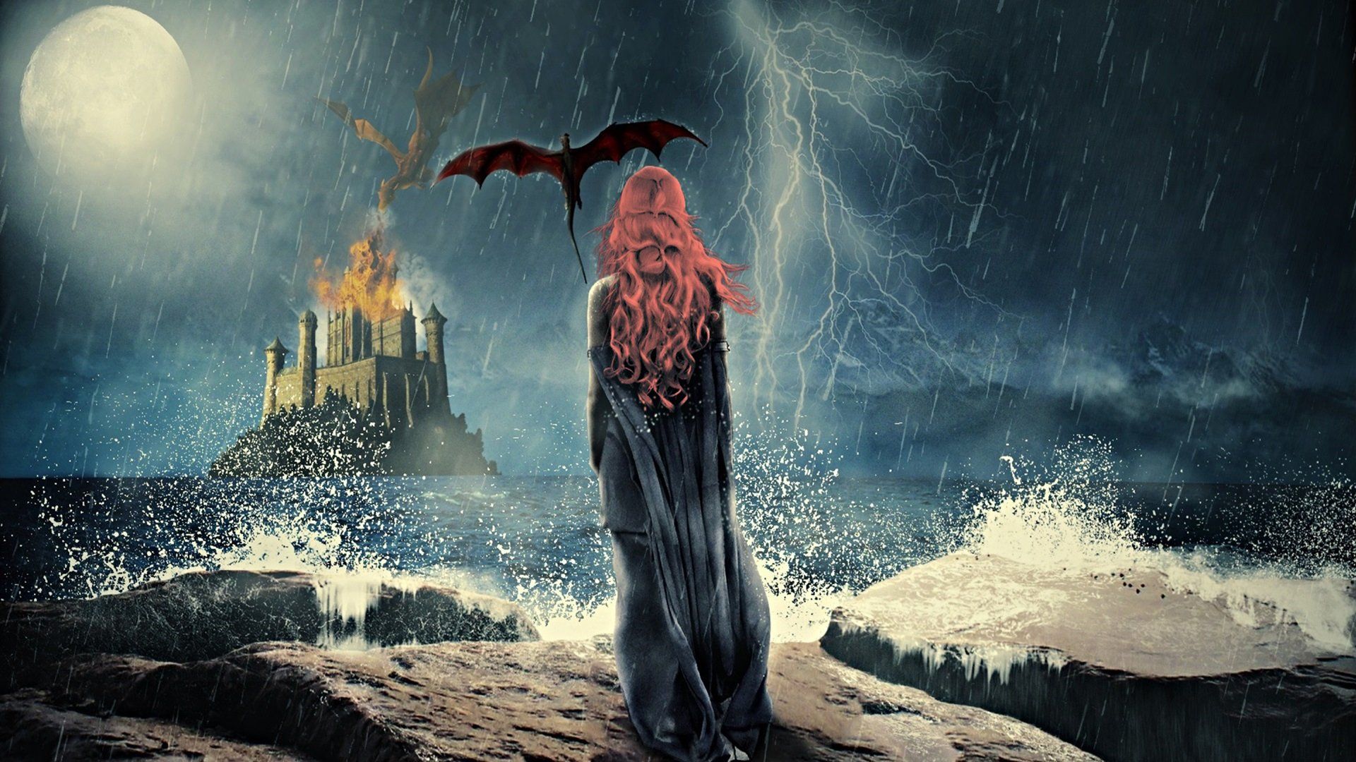 Game of Thrones, Daenerys Targaryen, Drache, Burg, Sturm, Blitz, Full HD, Windows-Hintergrundbild