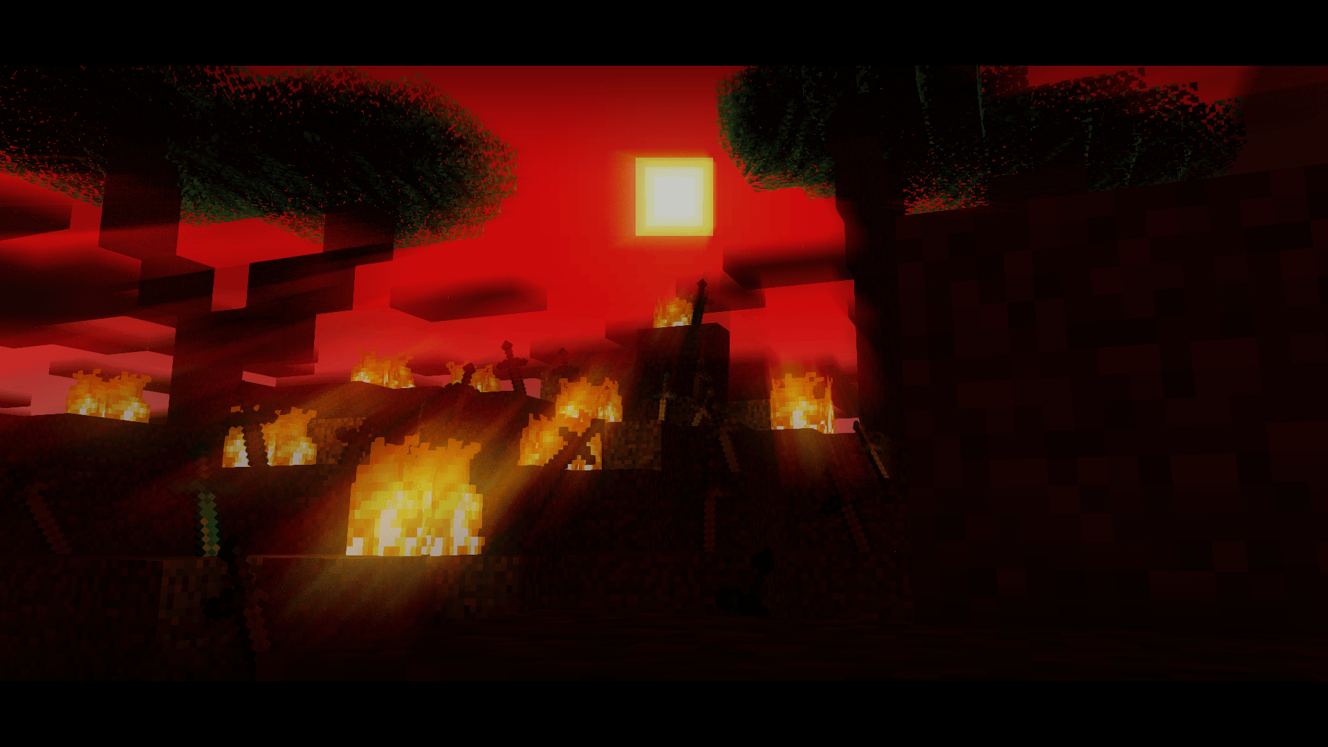 Minecraft, Sonnenuntergang, Feuer, Rot, Blöcke, Full HD 1080p, Desktop-Hintergrundbild