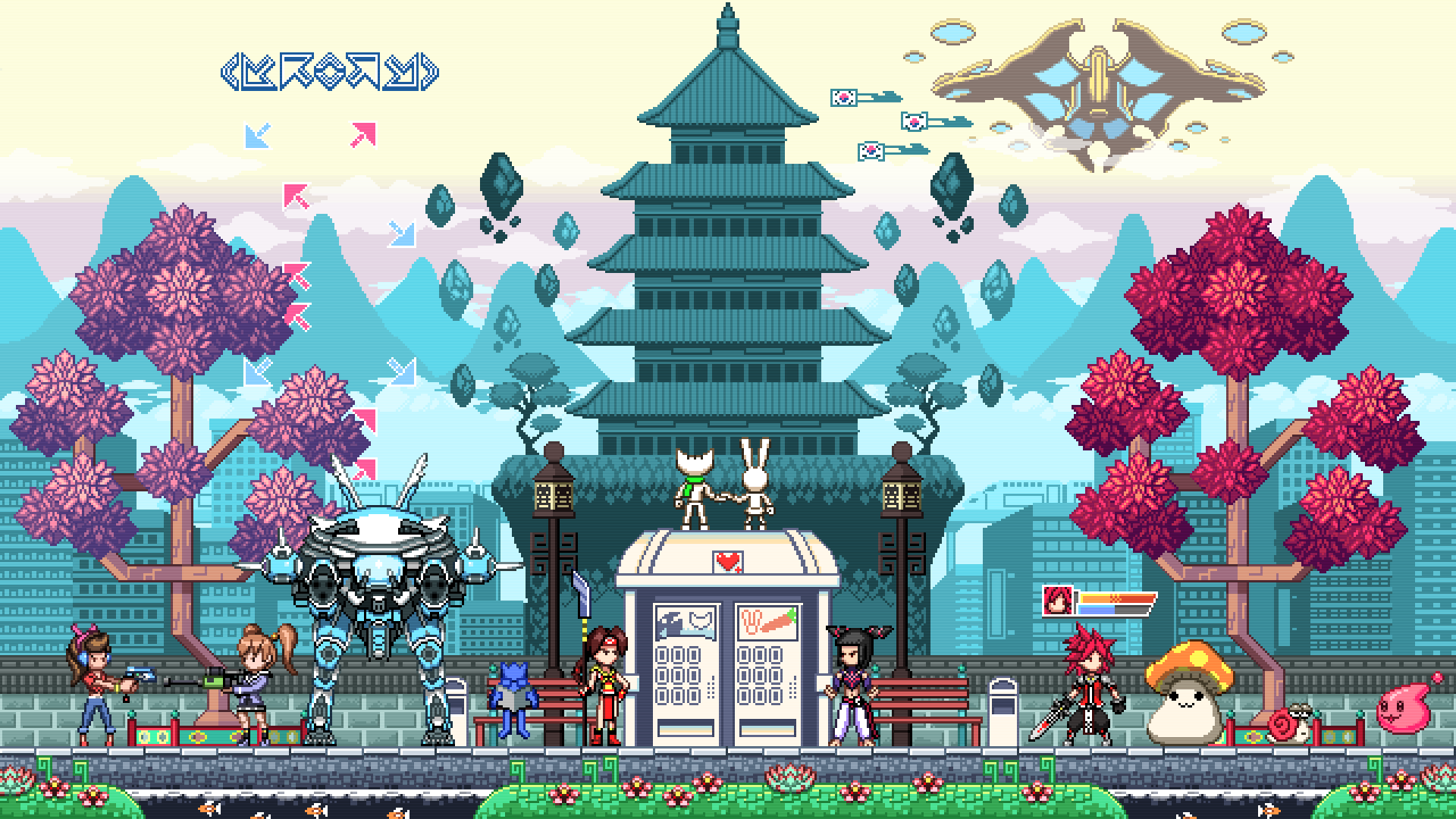 Overwatch, Pixel-Art, Pagode, Kirschbäume, Charaktere, Bunt, Full HD, Desktop-Hintergrund