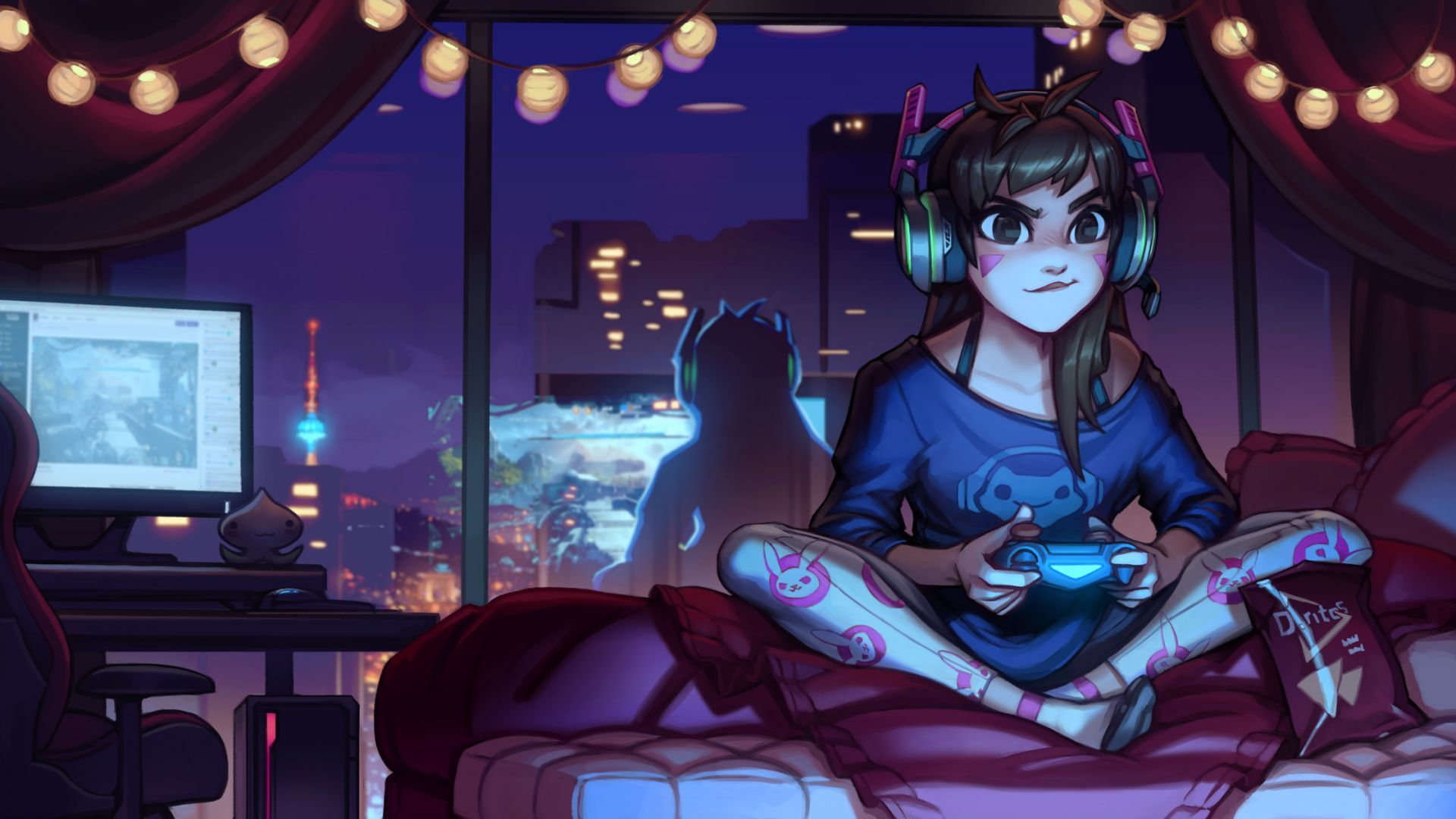 D.Va, Overwatch, Zocken, Controller, Zimmer, Nacht, Full HD, Desktop-Hintergrund für Windows