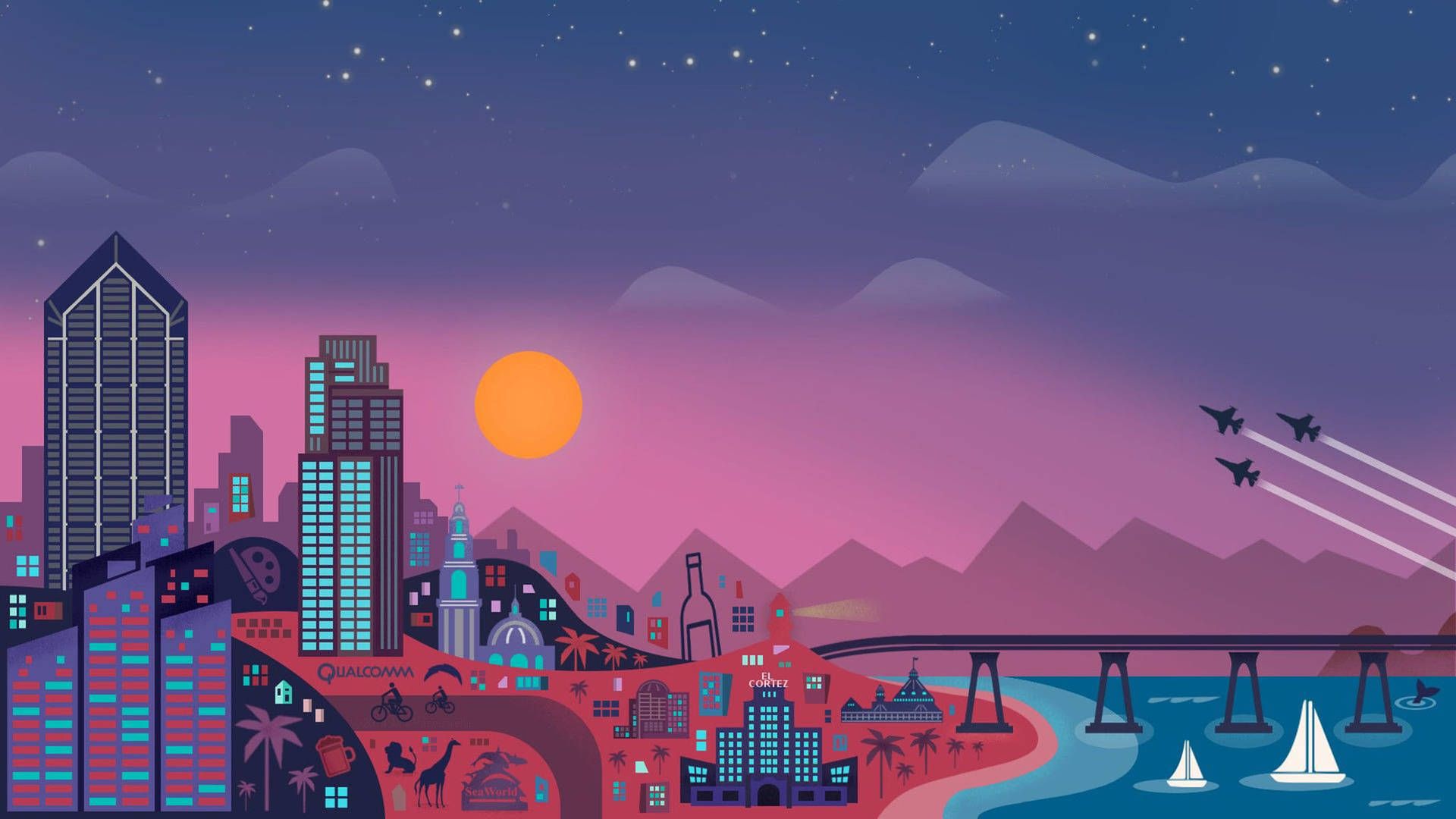 Stadtillustration, Skyline, Kampfjets, Sonnenuntergang, Flat Design, Full HD, PC-Hintergrundbild