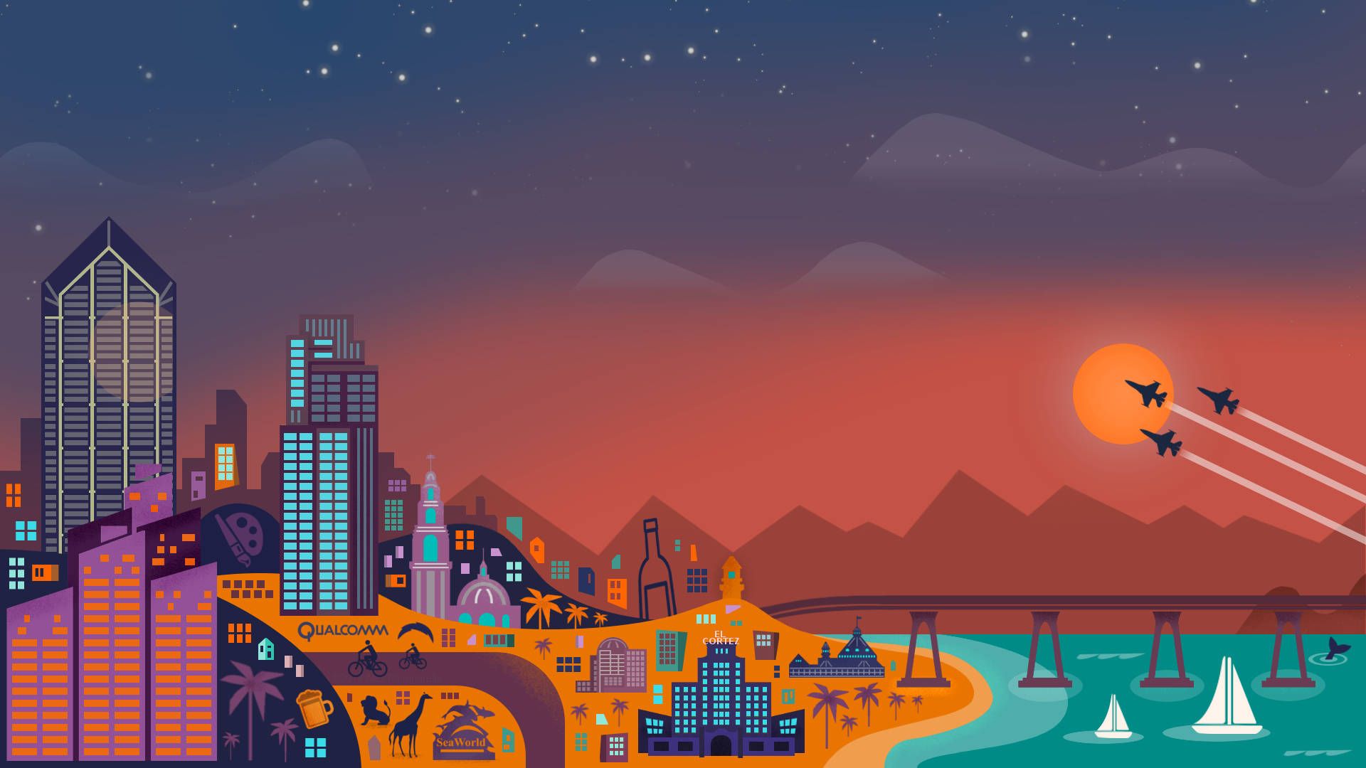 Stadtillustration, Skyline, Kampfjets, Abendrot, Flat Design, Full HD, Breitbild-Hintergrundbild