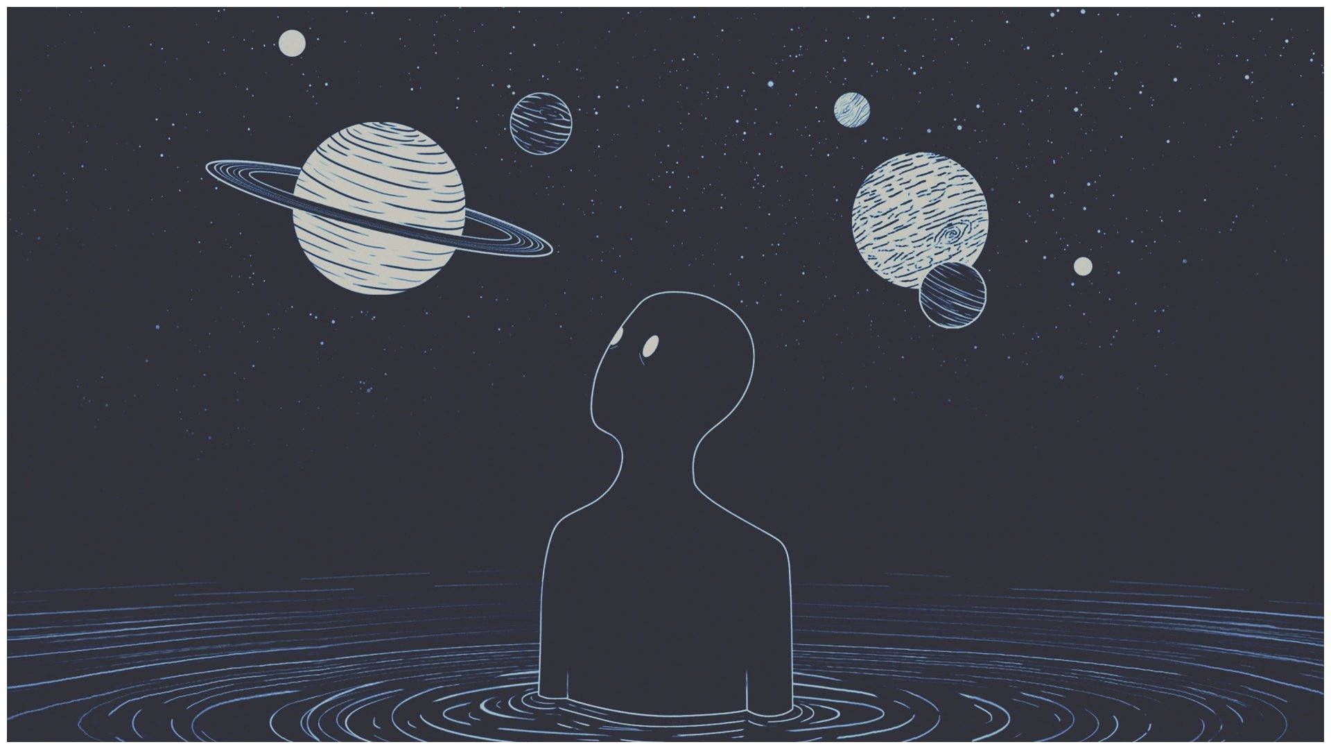 Planeten, Weltall, Strichzeichnung, Silhouette, Dunkelgrau, Full HD, Laptop-Hintergrundbild