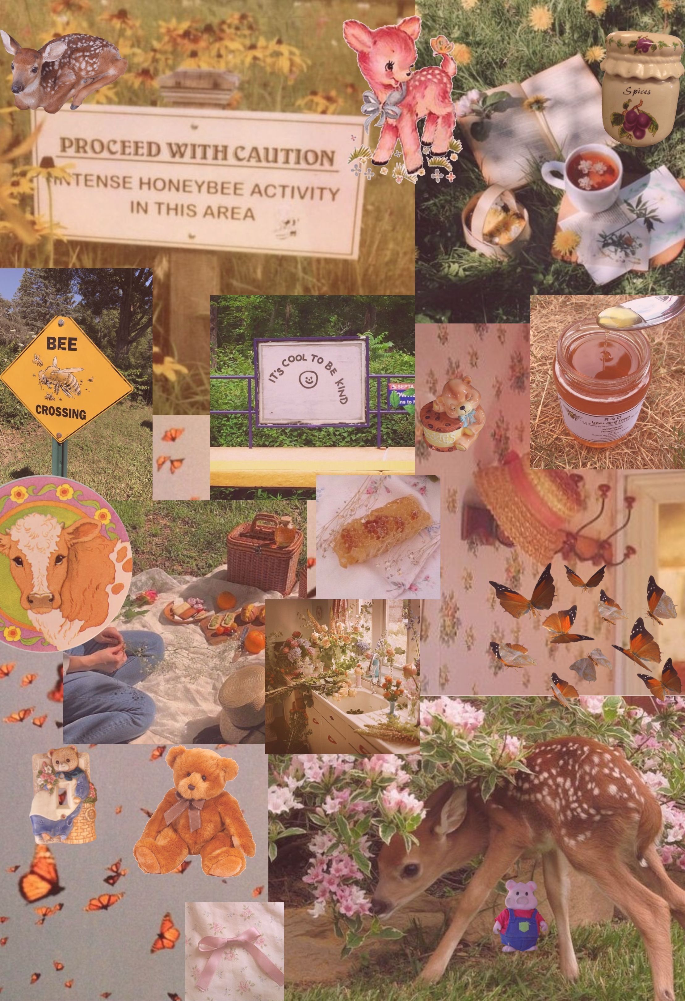 Collage, Ästhetik, Teddybär, Schmetterlinge, Pastellfarben, Vintage, QHD+, iPad-Hintergrundbild