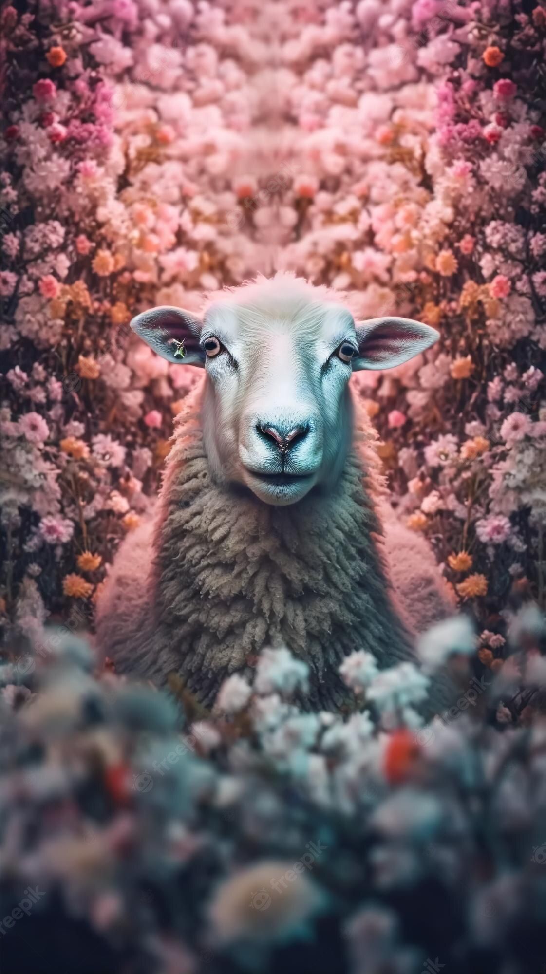 Schaf, Blumenmeer, Rosa Blüten, Frühling, Digitale Kunst, Full HD, Handy-Hintergrund