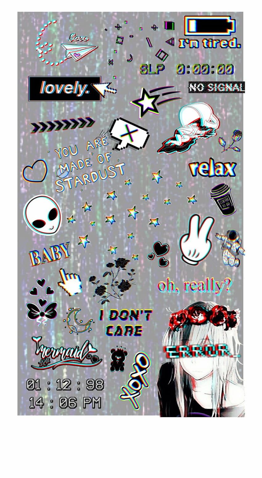 Sticker-Collage, Ästhetik, I Don't Care, Grau, Grunge, Hintergrundbild für iPhone und Android