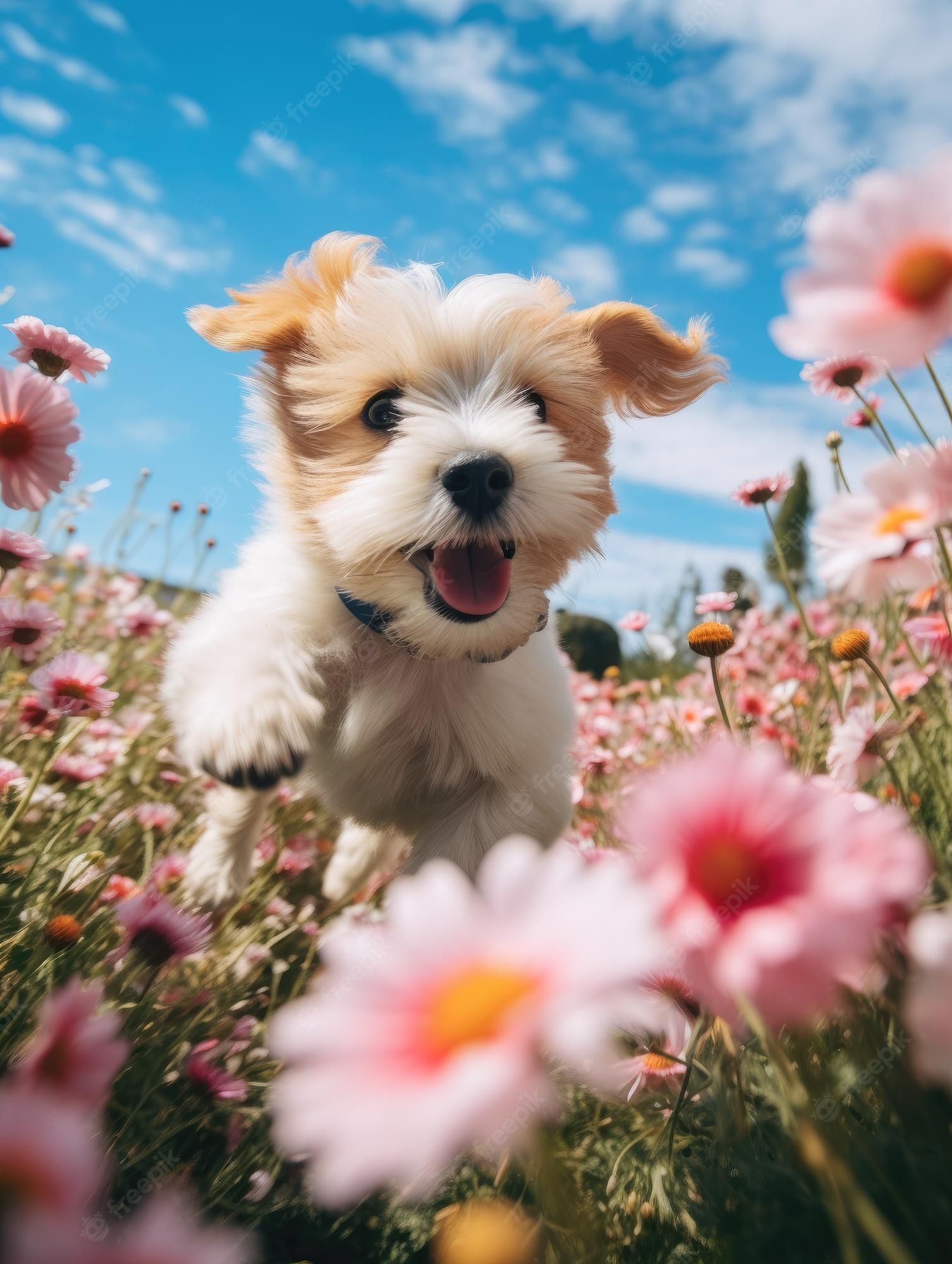 Welpe, Hund, Blumenwiese, Rosa Blumen, Blauer Himmel, Fröhlich, QHD+, Tablet-Hintergrund