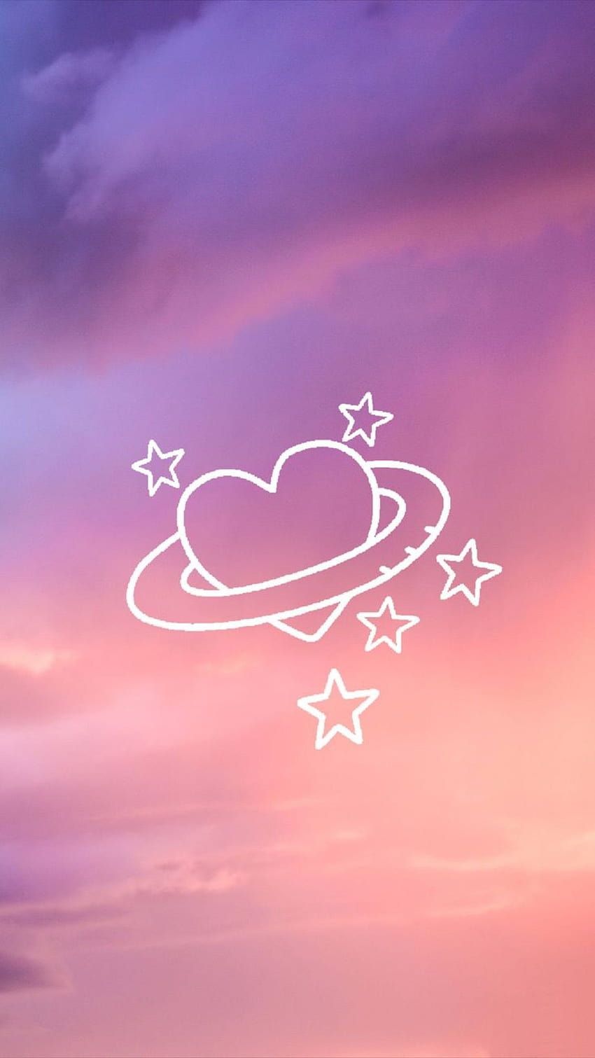Herz-Planet, Sterne, Abendhimmel, Lila, Rosa Wolken, Linienzeichnung, HD, Handy-Hintergrundbild