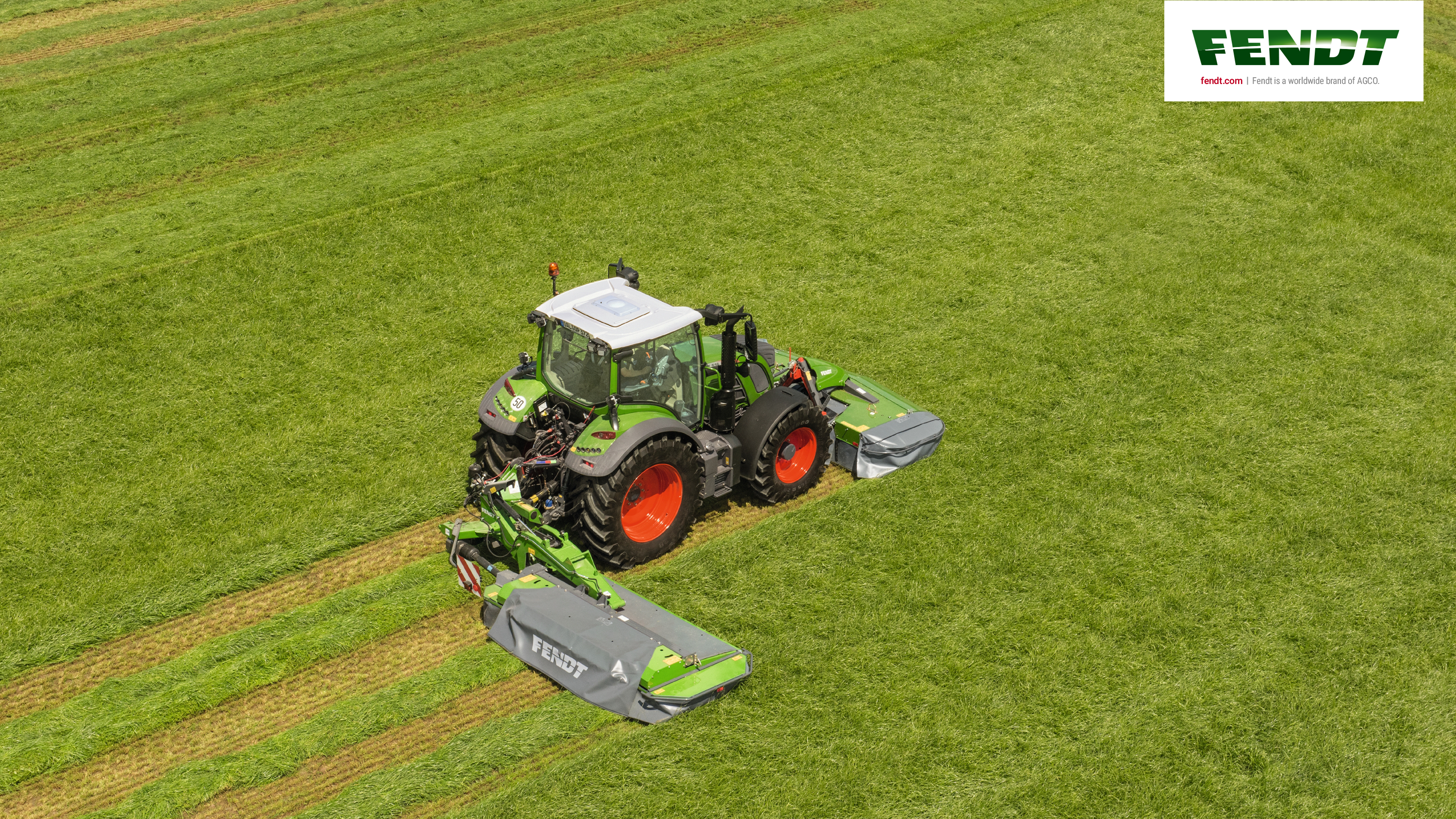 Fendt, Traktor, Mähwerk, Wiese, Luftaufnahme, 2K, Hintergrund für den Desktop