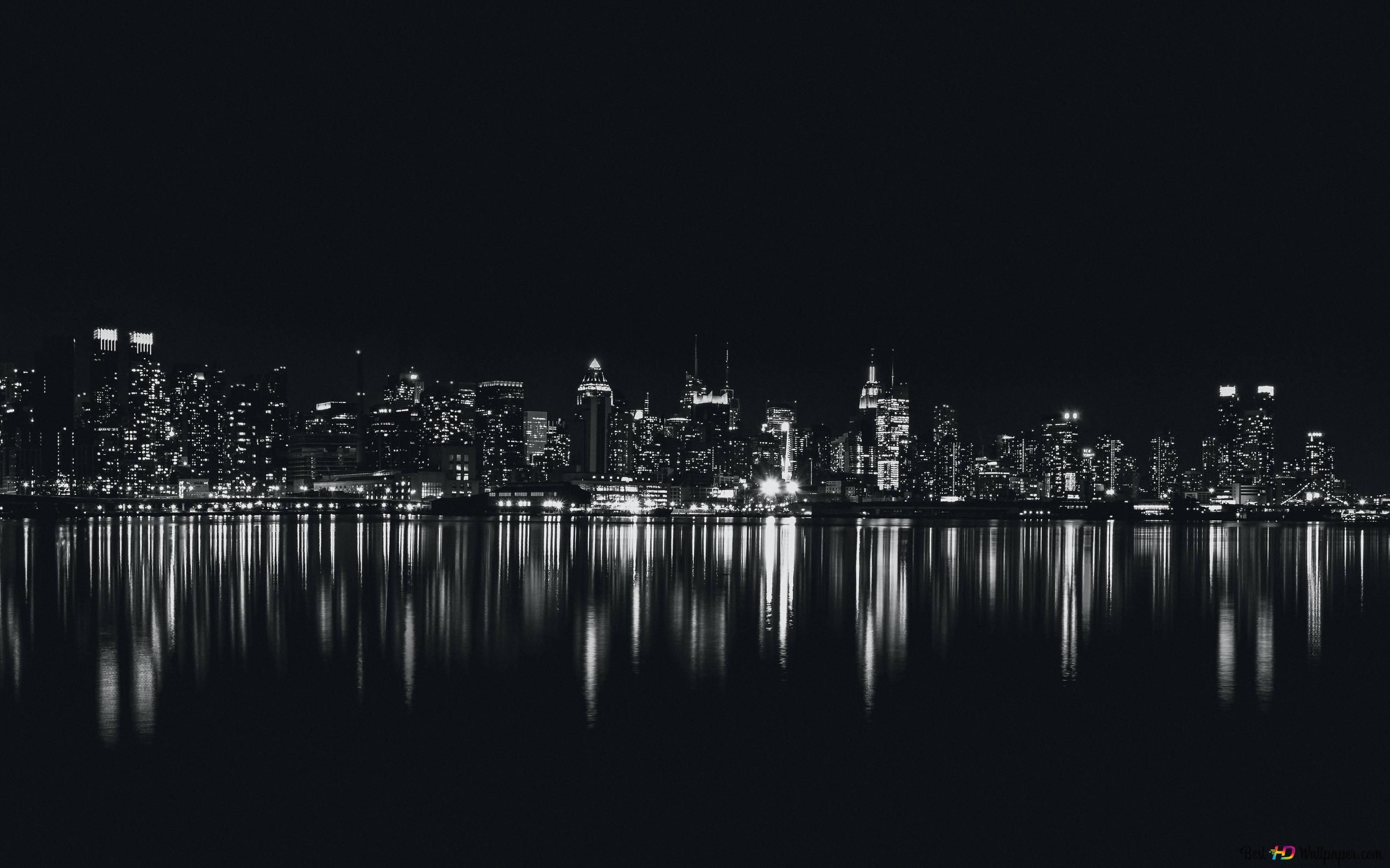 Skyline, Stadt bei Nacht, Spiegelung, Lichter, Wasser, 2K, Hintergrundbild für den PC