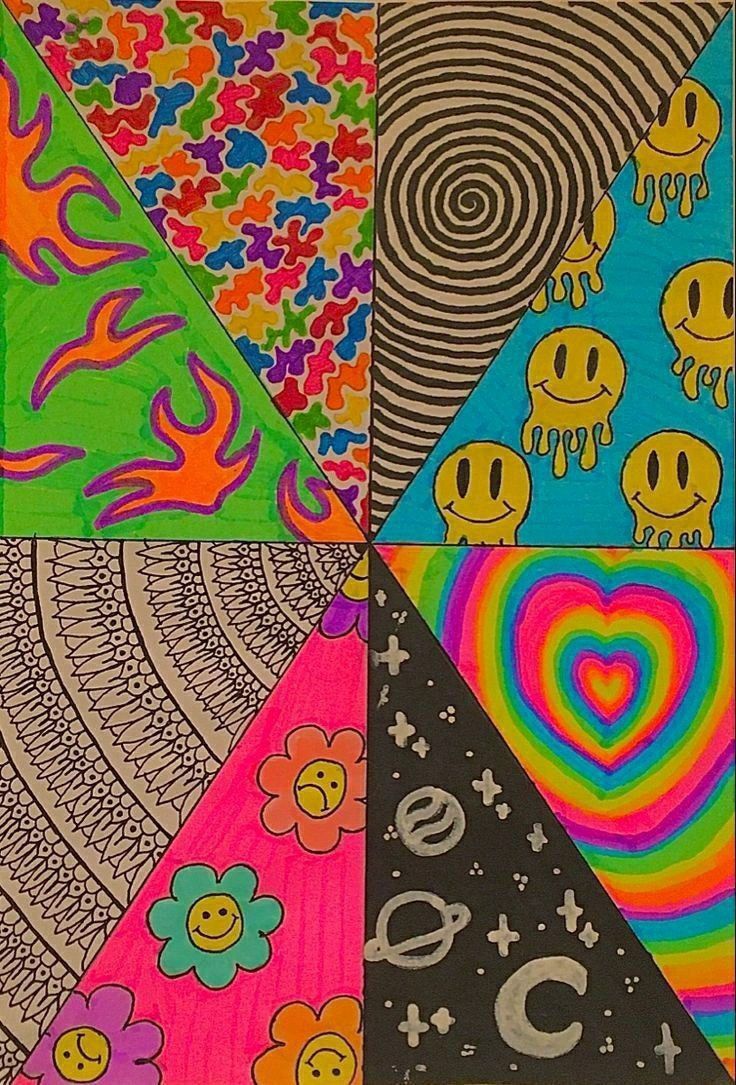 Psychedelisch, Smiley, Flammen, Regenbogenherz, Bunt, Collage, Hintergrundbild fürs Tablet