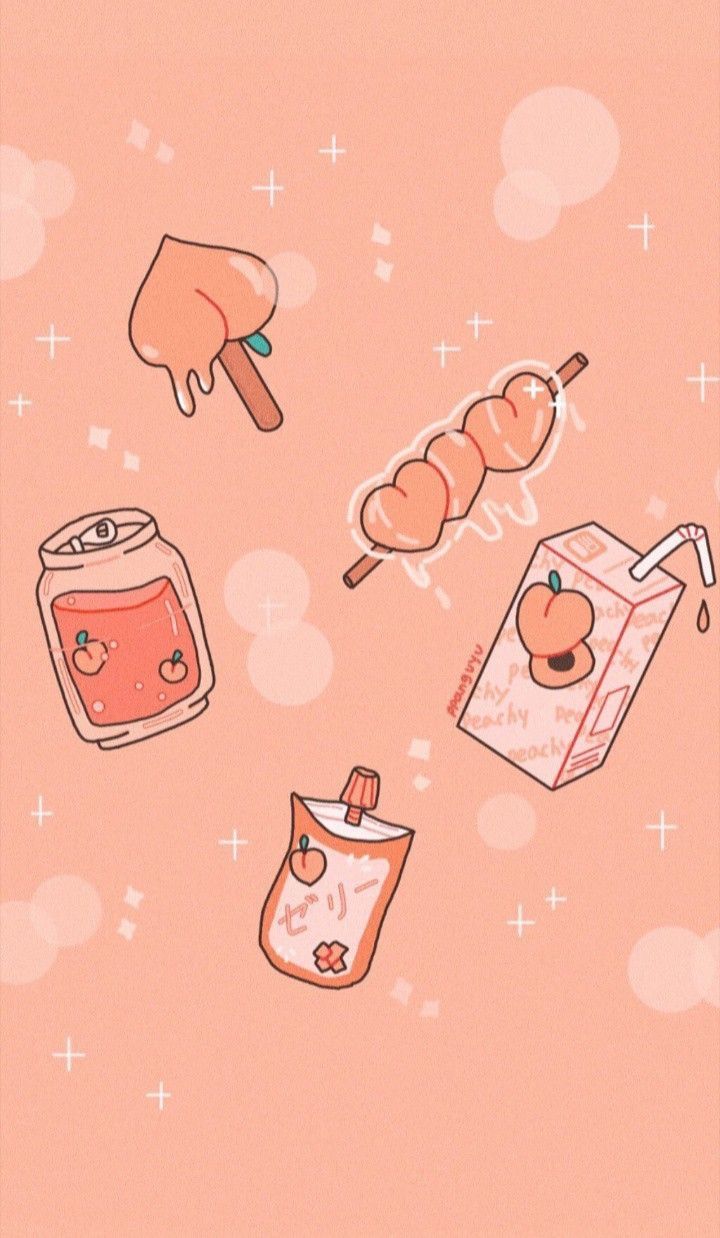 Kawaii, Getränke, Snacks, Pfirsichfarben, Illustration, HD, Handy-Hintergrund im Hochformat