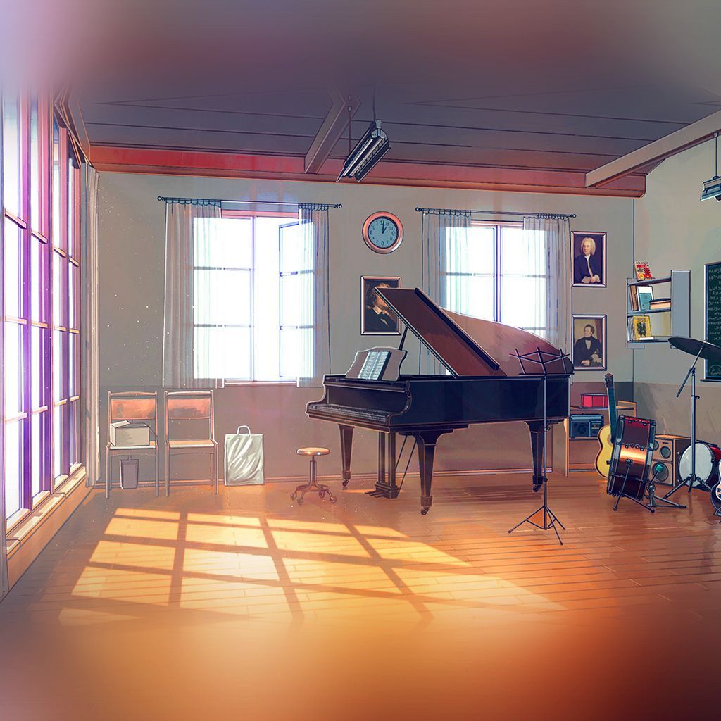 Musikzimmer, Flügel, Sonnenlicht, Anime-Stil, Fenster, Hintergrundbild für iPad und Tablet