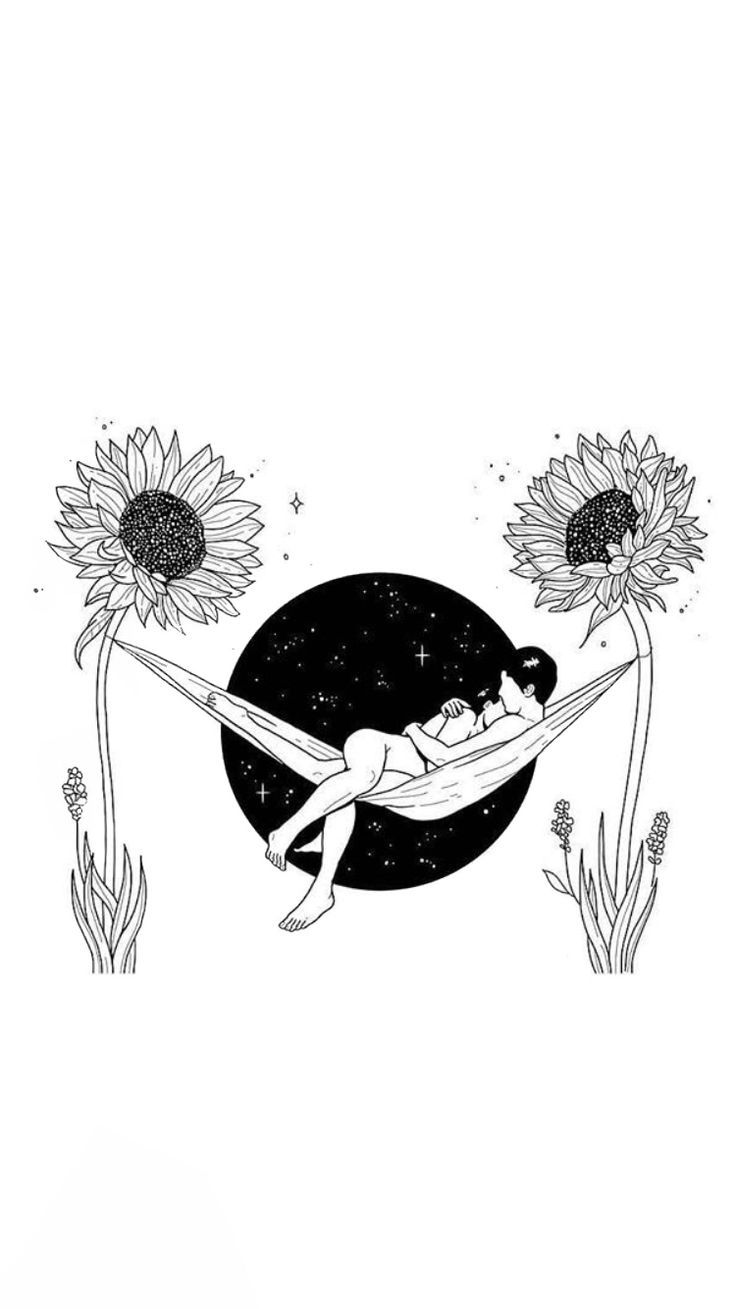 Sonnenblumen, Hängematte, Mond, Schwarz-Weiß, Tusche, HD, Hintergrundbild fürs Handy