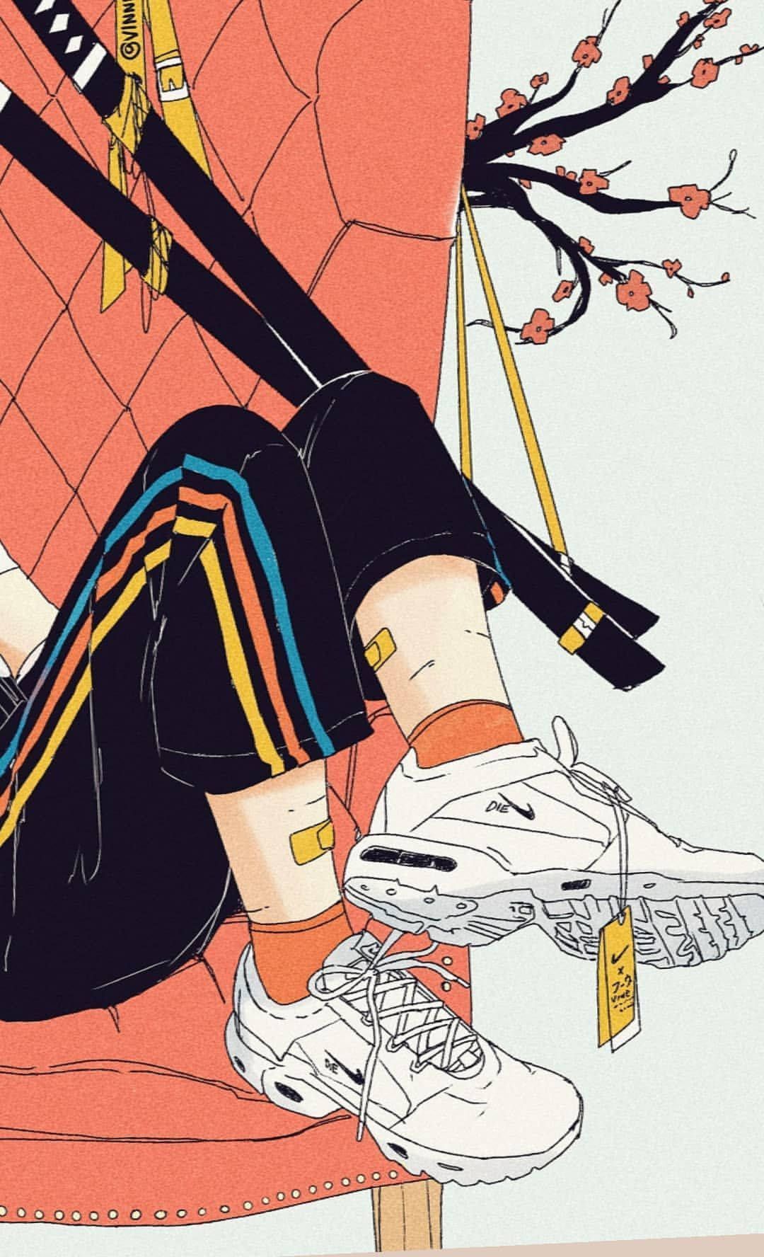 Anime-Stil, Sneaker, Schaukel, Illustration, Kirschblüten, Full HD, iPhone-Hintergrundbild