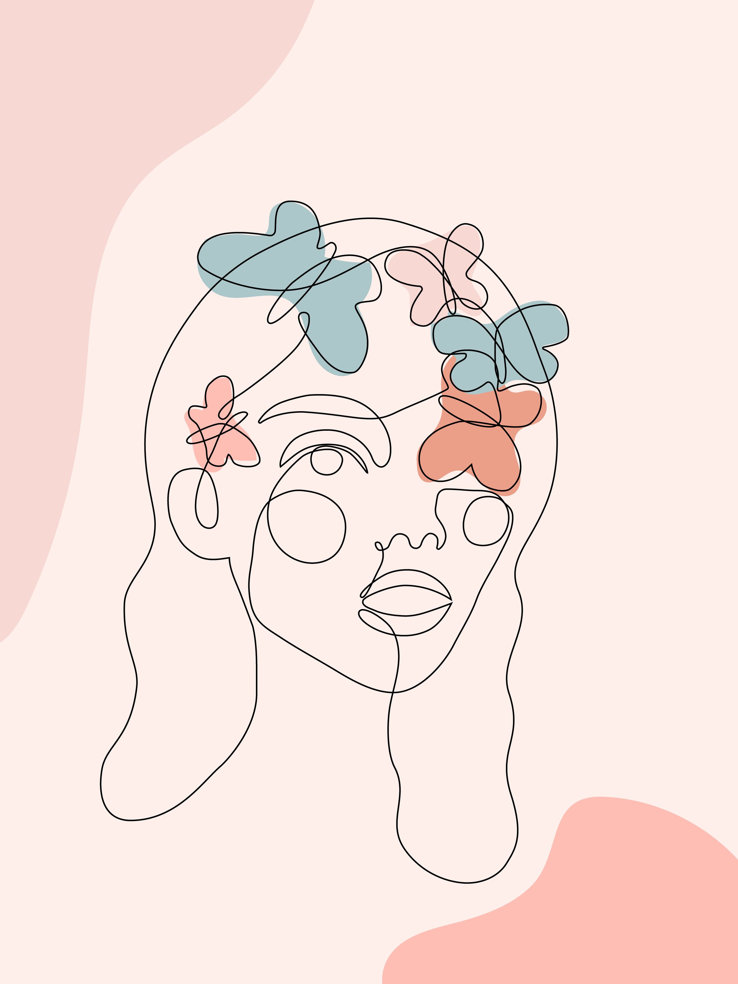 Frauengesicht, Line Art, Blumen, Pastellrosa, Boho, QHD+, iPad-Hintergrundbild