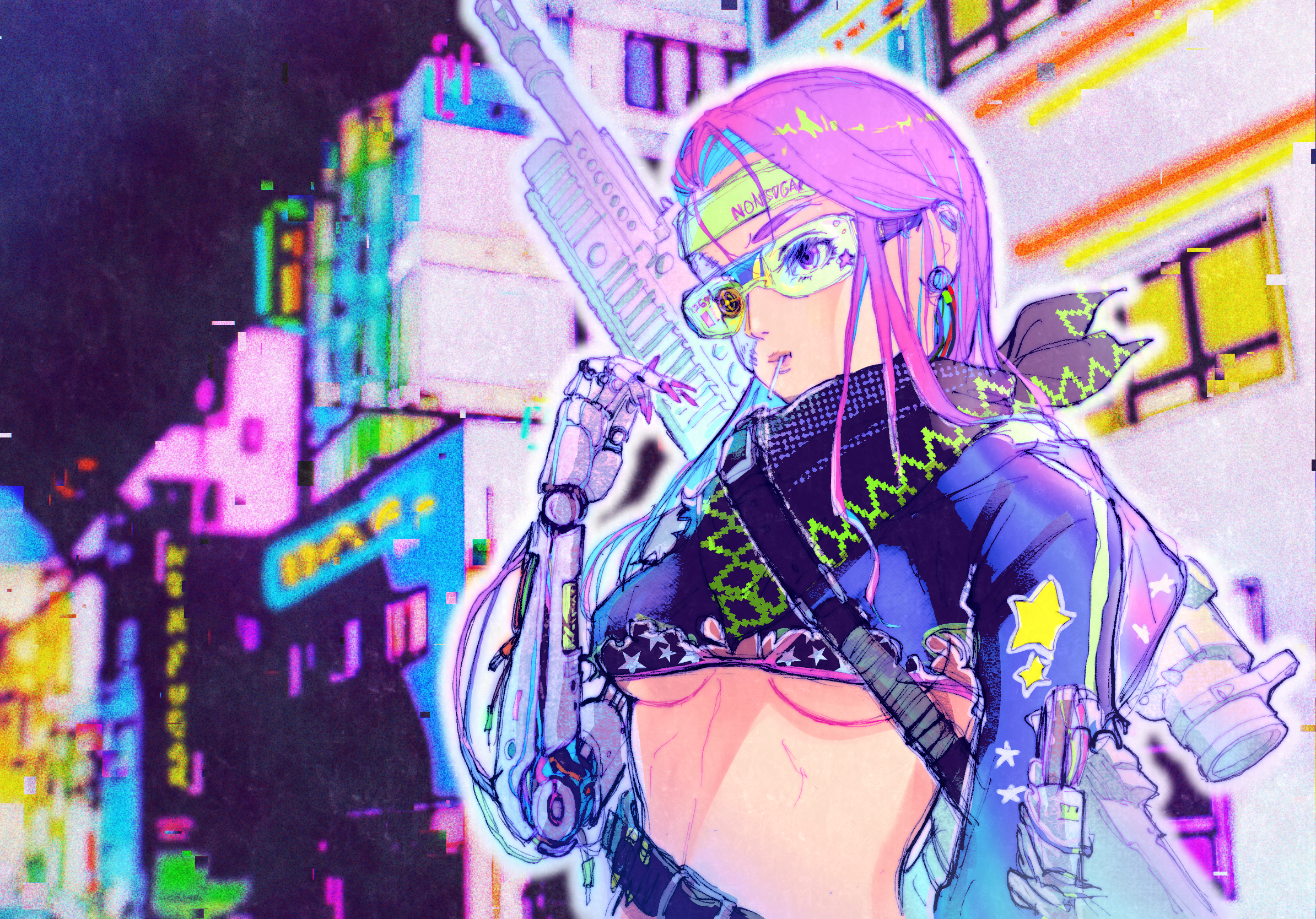Anime-Mädchen, Cyberpunk, Neon, Stadt, Pinke Haare, Full HD, Desktop-Hintergrund für Windows