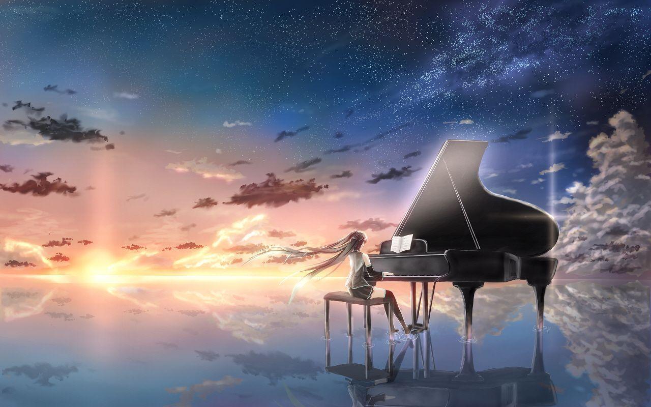 Mädchen am Flügel, Sternenhimmel, Sonnenuntergang, Wolken, Anime-Stil, Spiegelung, HD Wallpaper
