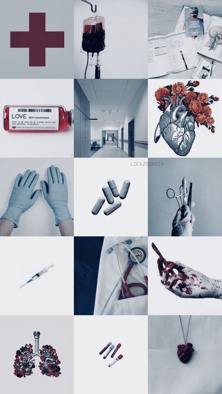 Medizin-Collage, Rotes Kreuz, Lunge, Handschuhe, Hellblau, Hintergrundbild fürs Handy