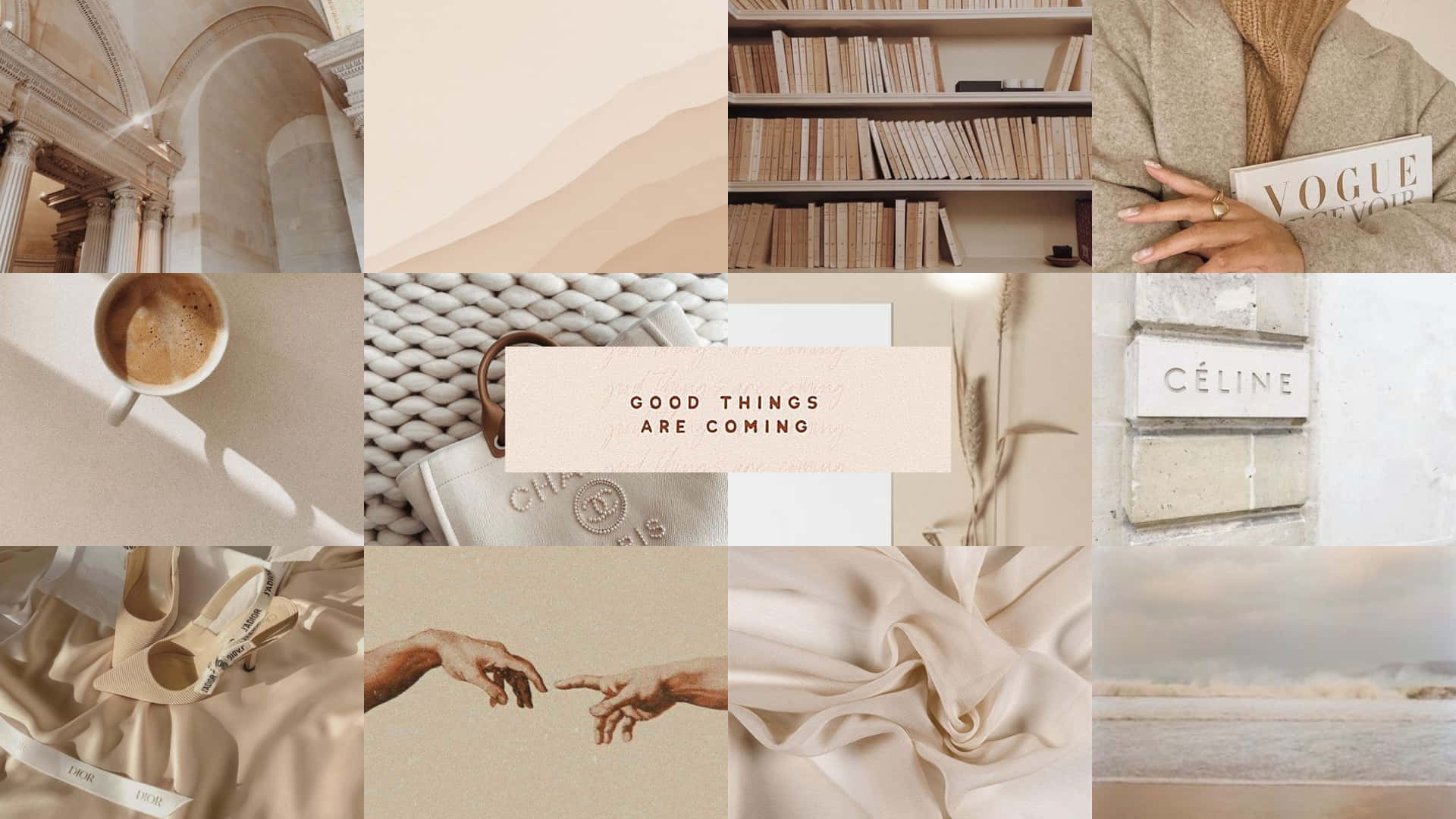Collage, Vogue, Bücher, Kaffee, Beige, Ästhetik, Full HD, Desktop-Hintergrund für Windows