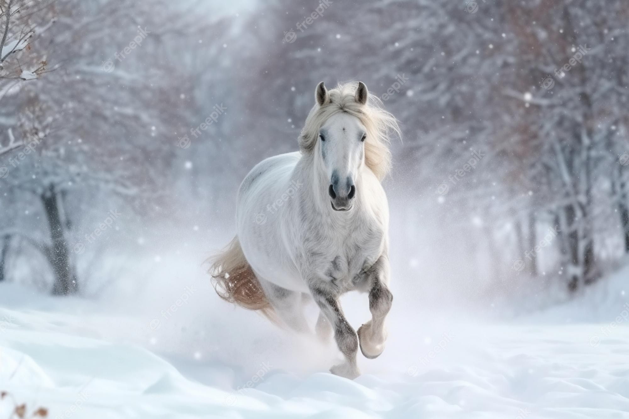 Schimmel, Galopp, Winterwald, Schneegestöber, Full HD, Desktop-Hintergrund für Windows