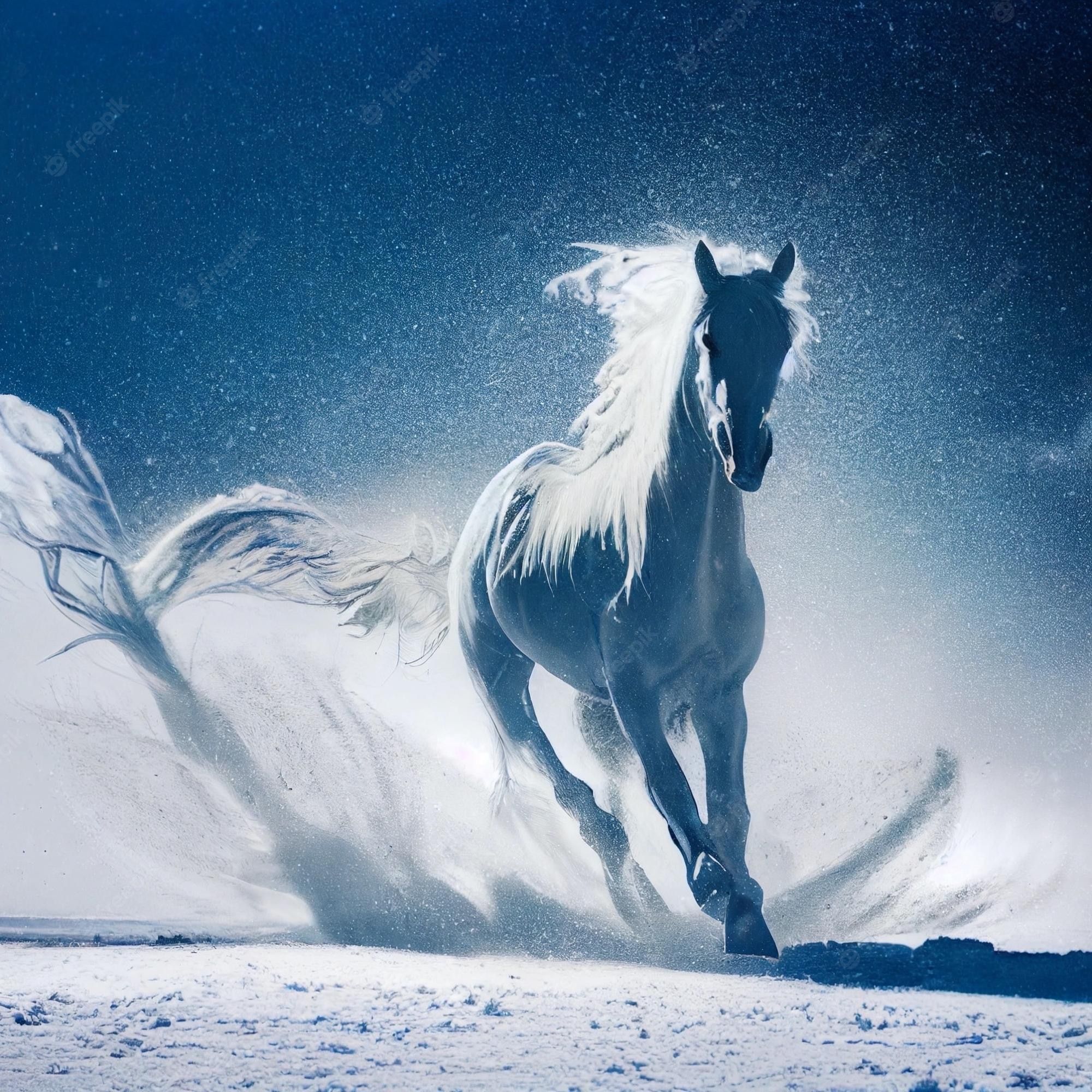 Schimmel, Galopp, Nacht, Schneesturm, Digitale Kunst, Full HD, iPad-Hintergrundbild
