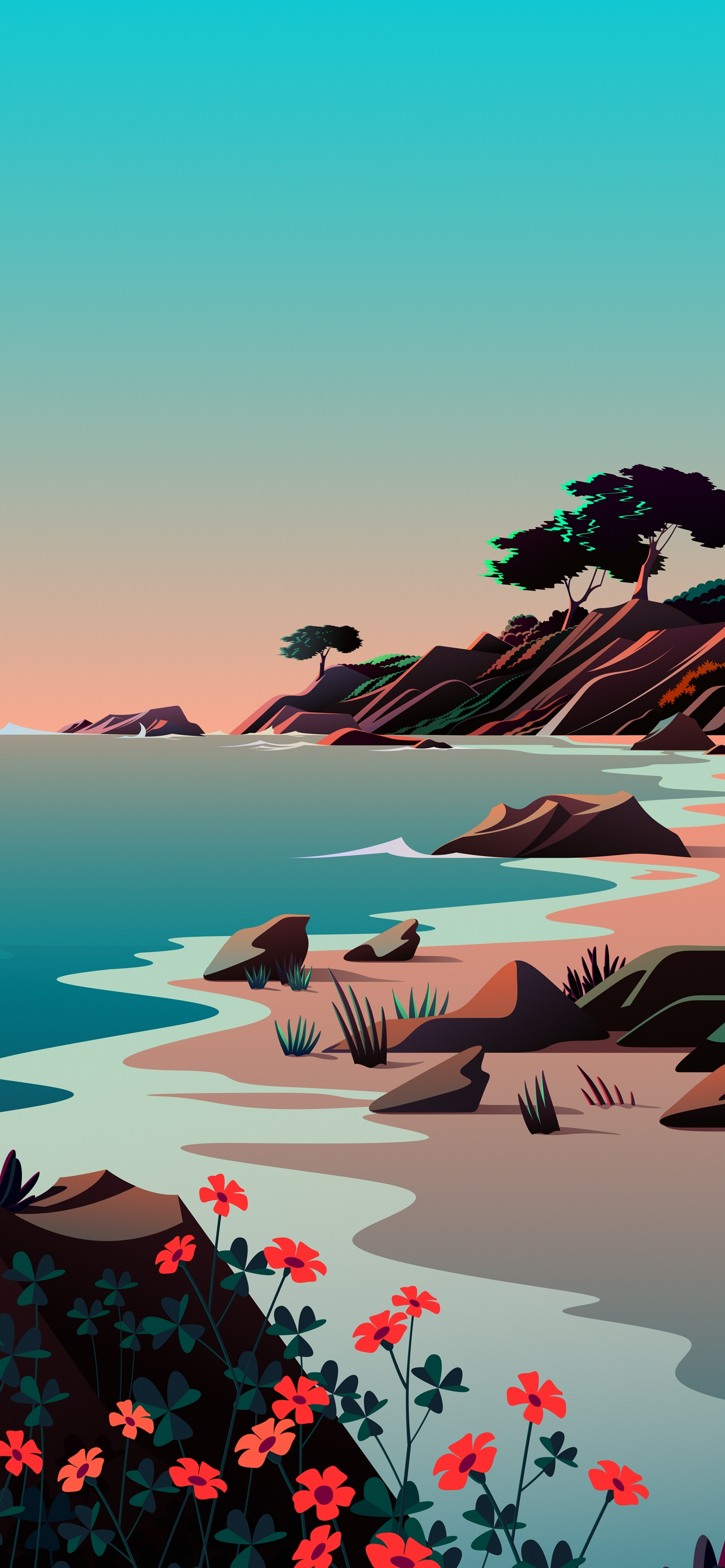Küste, Illustration, Felsen, Bäume, Türkis, Rote Blumen, iPhone 18 Pro Max, Wallpaper