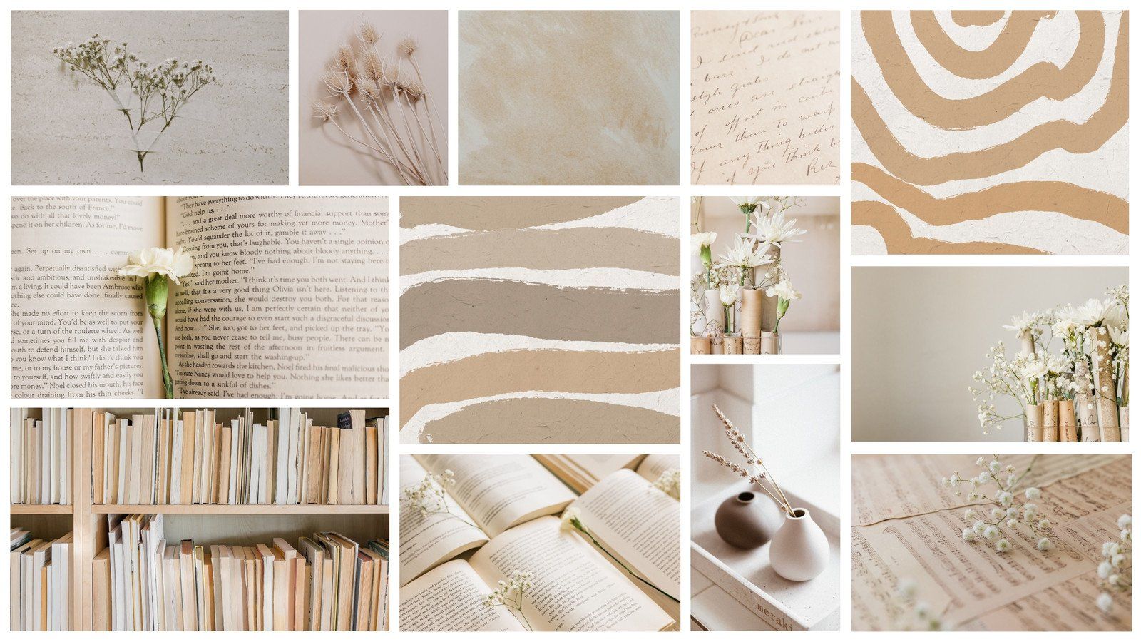 Collage, Bücher, Blumen, Beige, Ästhetik, HD, Desktop-Hintergrund für Windows