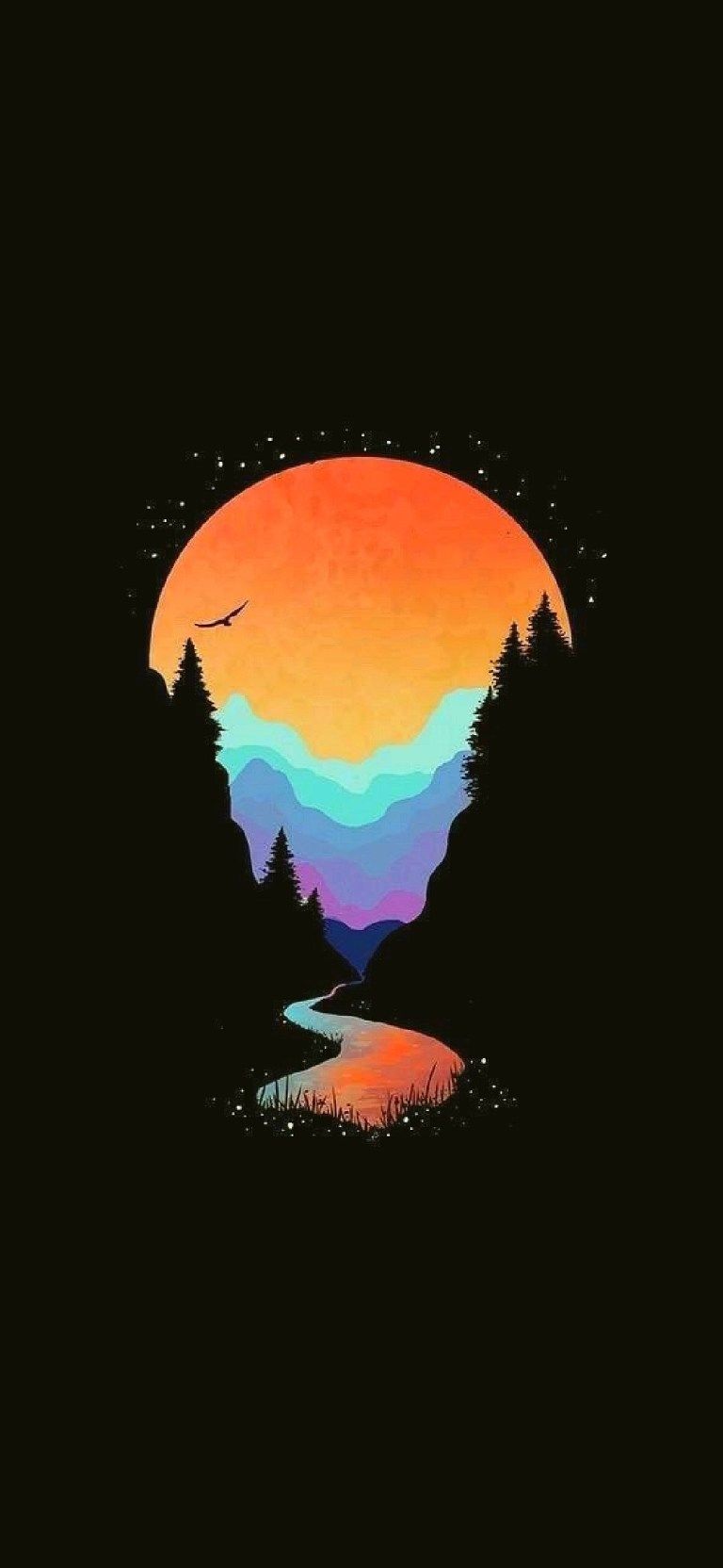 Sonnenuntergang, Berglandschaft, Silhouette, Schwarzer Hintergrund, Minimalismus, Illustration, iPhone-18-Pro-Max-Sperrbildschirm
