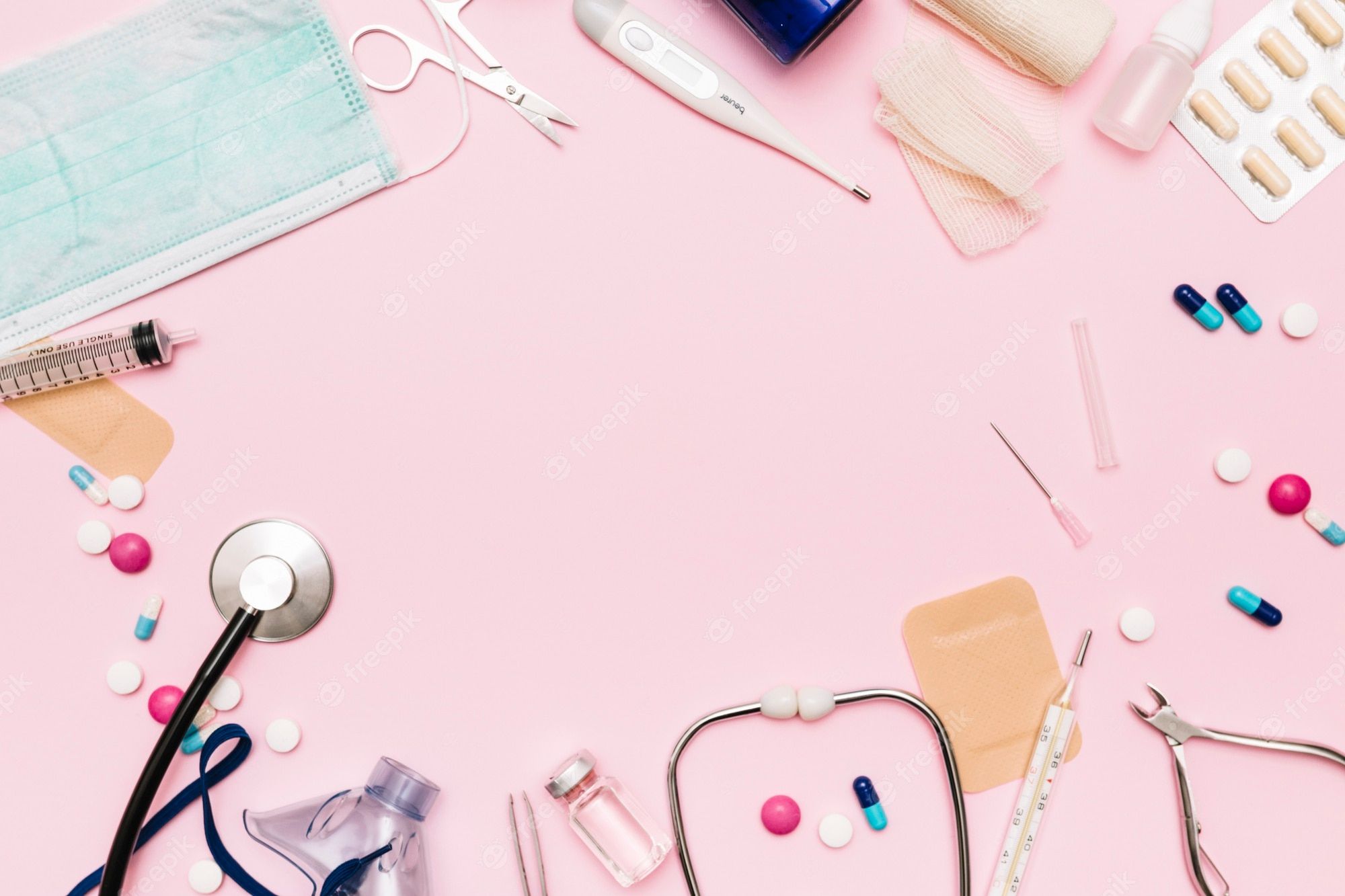 Stethoskop, Tabletten, Maske, Rosa Hintergrund, Flatlay, Full HD Wallpaper