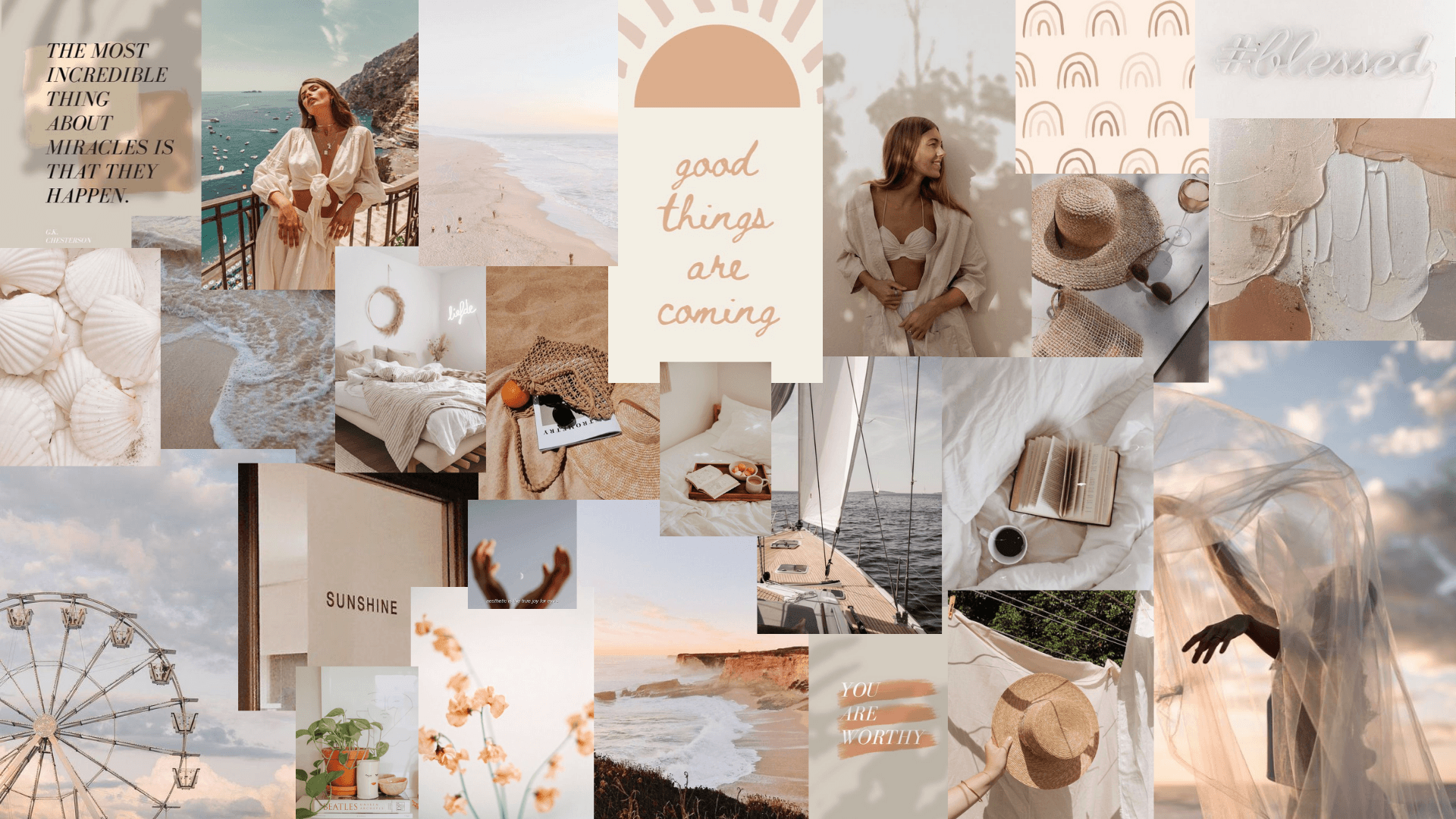 Collage, Strand, Riesenrad, Good things are coming, Beige, Ästhetik, Full-HD-Hintergrundbild für PC