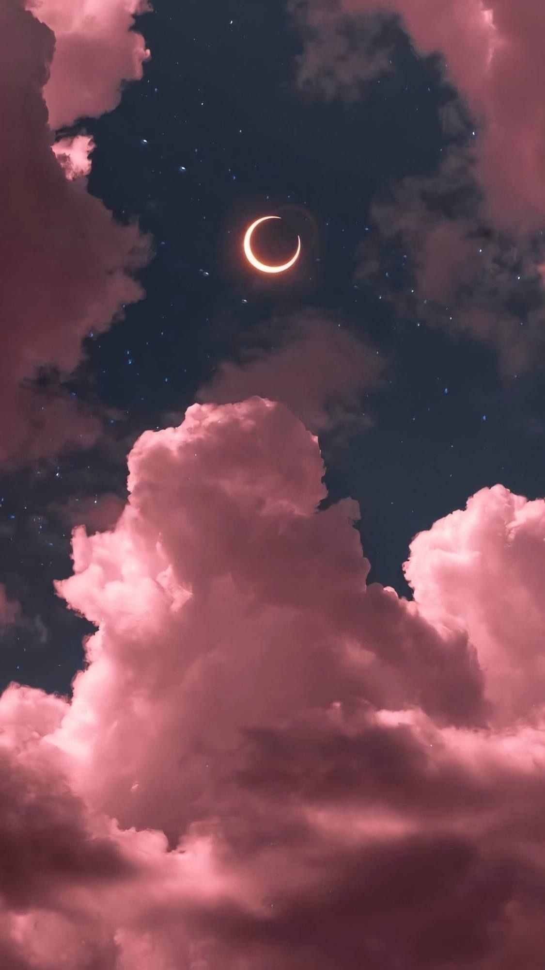 Mondsichel, Rosa Wolken, Nachthimmel, Ästhetik, Dunkel, iPhone 18 Pro Max, Handy-Hintergrundbild