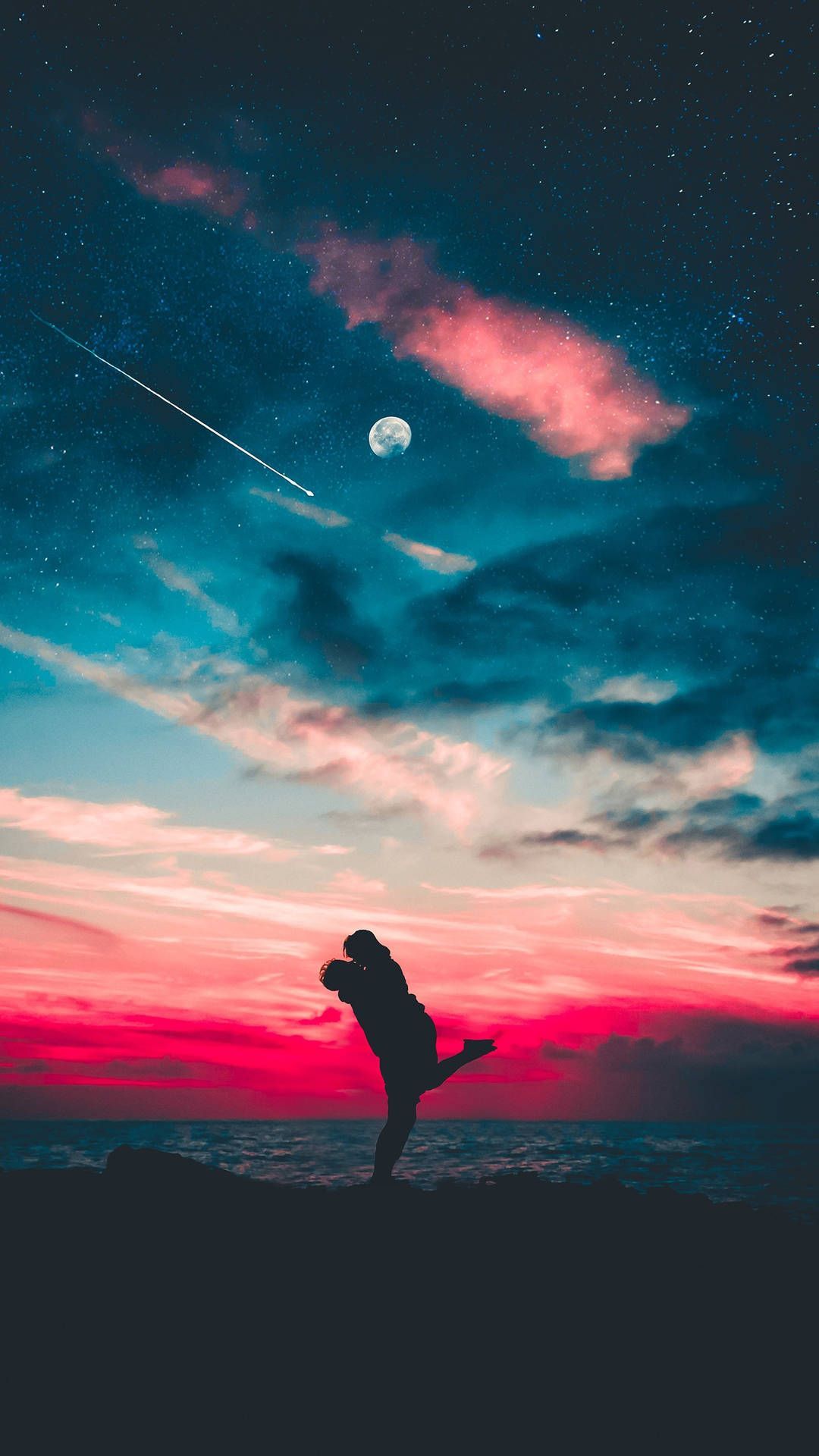 Paar, Silhouette, Sonnenuntergang, Mond, Romantik, Wolken, iPhone-18-Pro-Max-Hintergrundbild