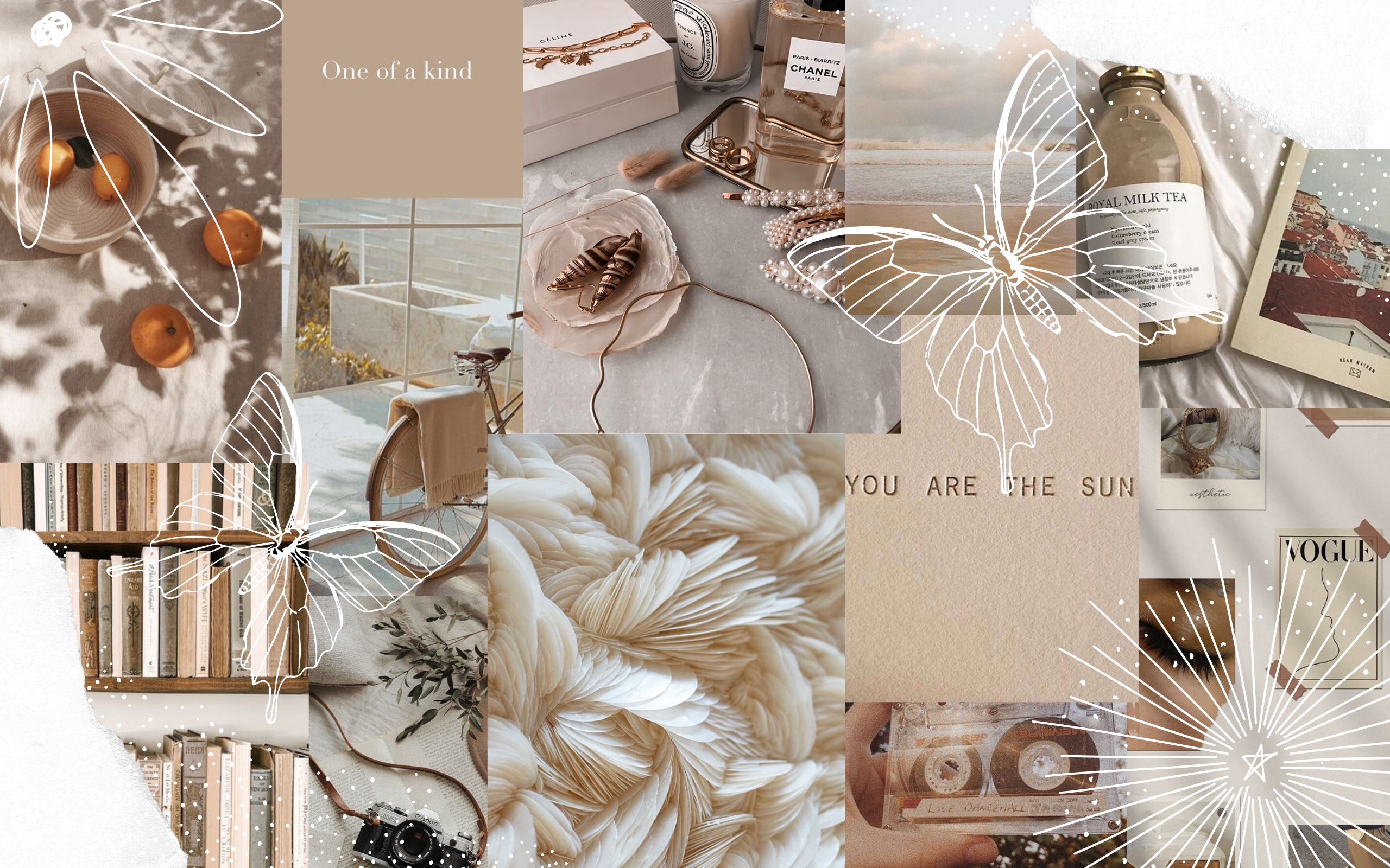 Collage, Schmetterling, You Are the Sun, Bücher, Beige, 16:10, 2K-Hintergrundbild für den Desktop